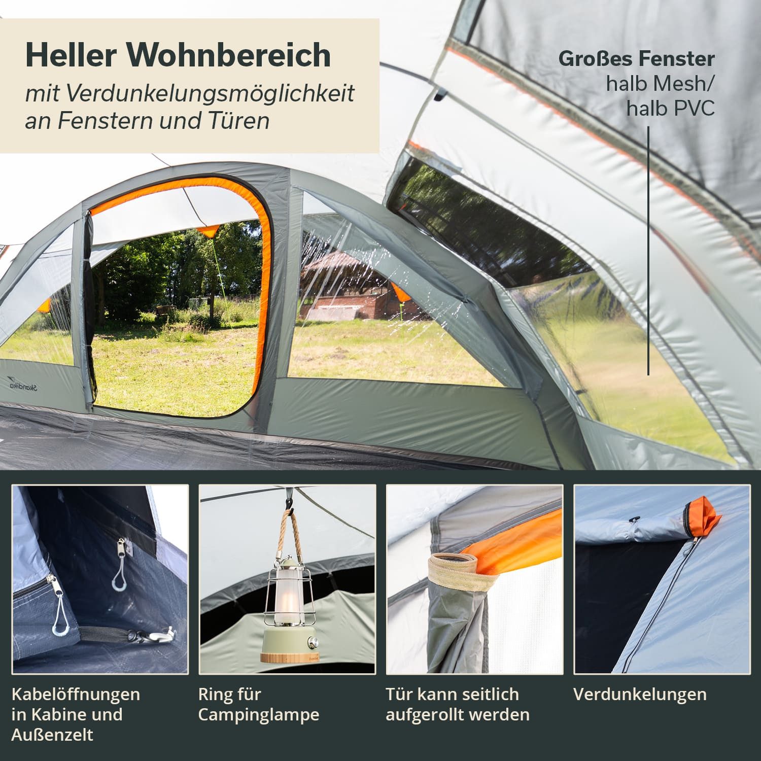 Skandika Tunnelzelt Campingzelt, Familienzelt, Egersund Sleeper Protect, 2 m Stehhöhe, Personen: 5, eingenähter Zeltboden, nachtschwarz Schlafkabine, UPF 50+, Moskitonetz