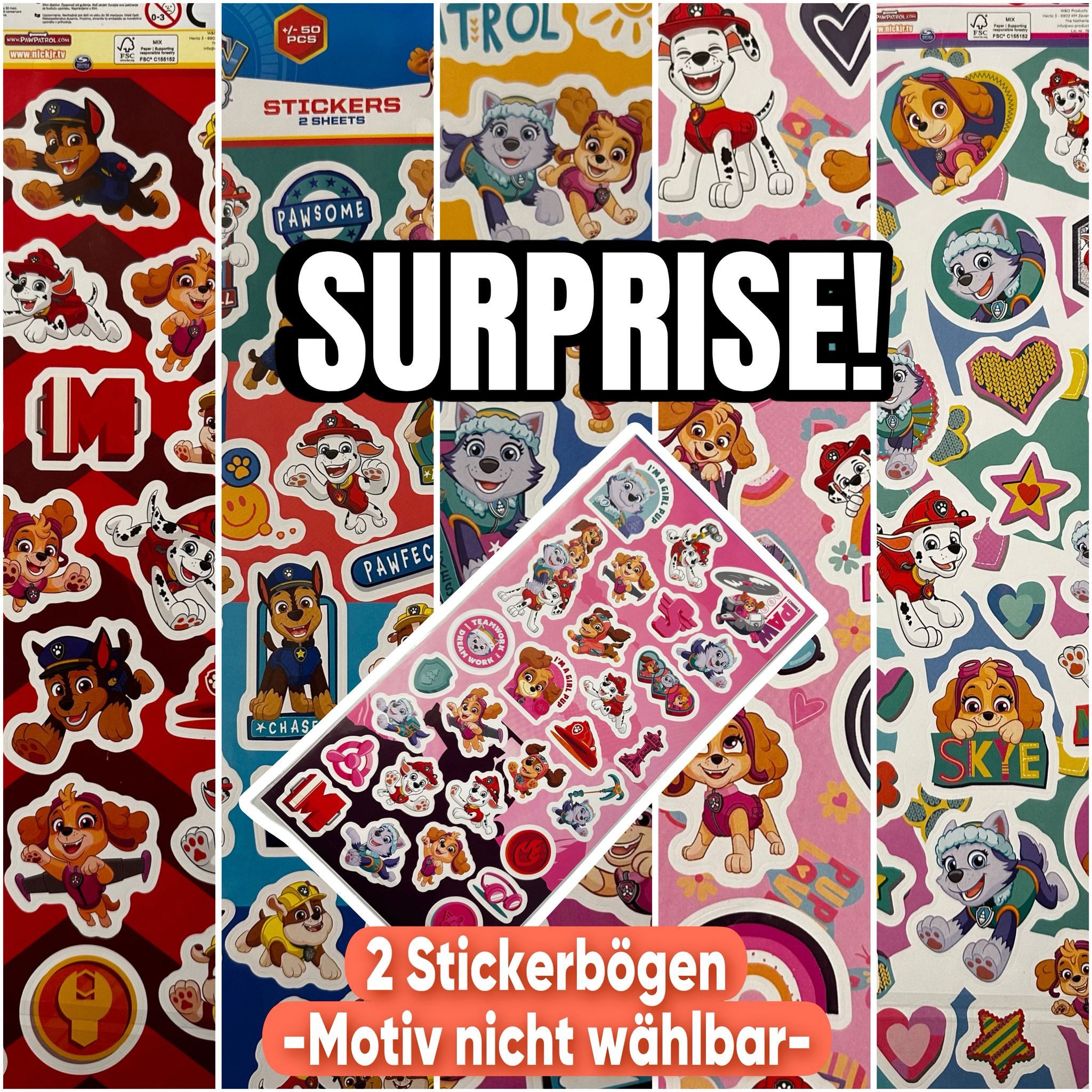 Nickelodeon Sticker Paw Patrol Aufkleber 2 Bögen über 50 Sticker Klebebilder blau pink, (Set 2-tlg), Chase,Marshall,Rubble,Skye und Rocky Geschenke für Jungen und Mädchen
