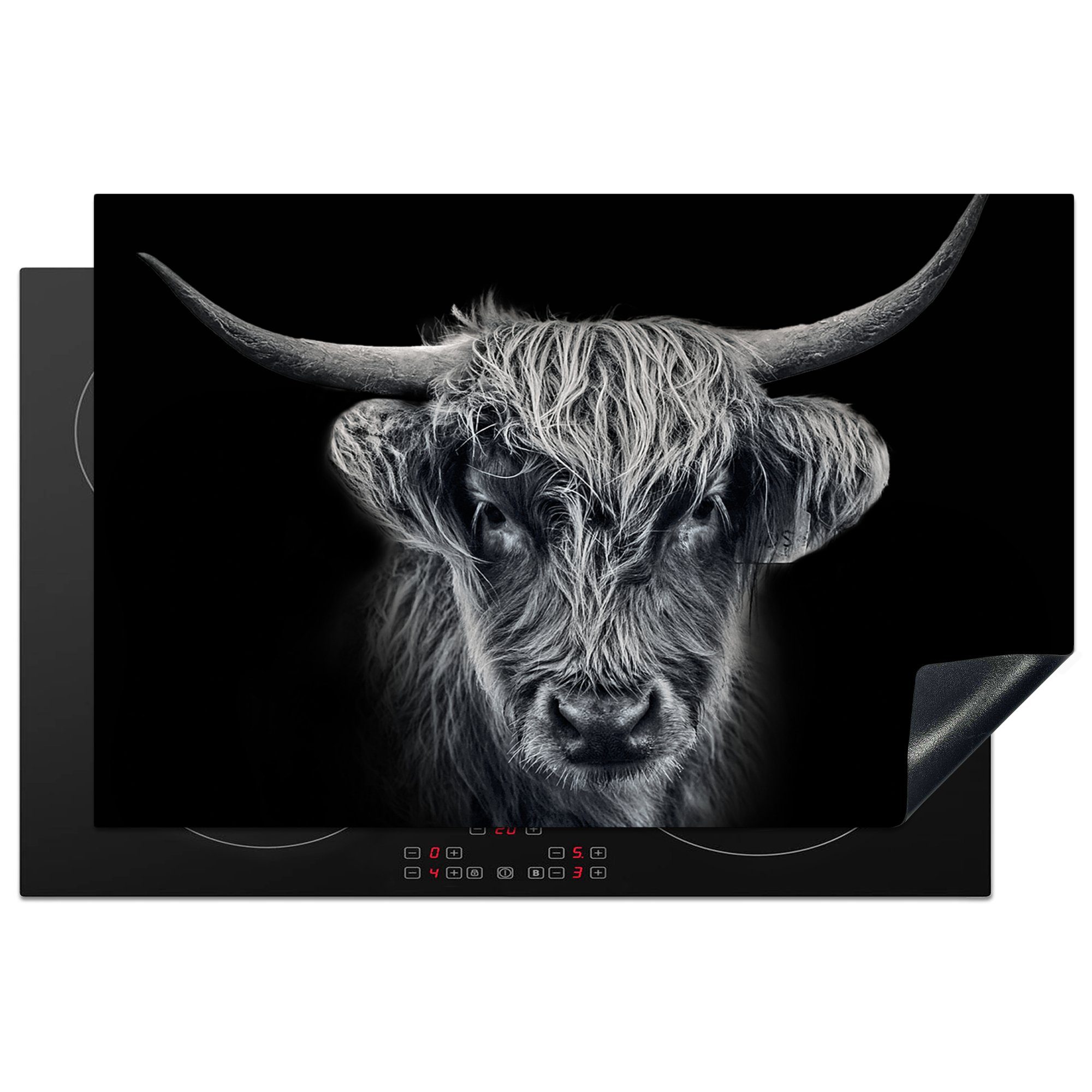 MuchoWow Herdblende-/Abdeckplatte Schottischer Highlander - Schwarz - Kuh - Tiere, Vinyl, (1 tlg), 81x52 cm, Induktionskochfeld Schutz für die küche, Ceranfeldabdeckung