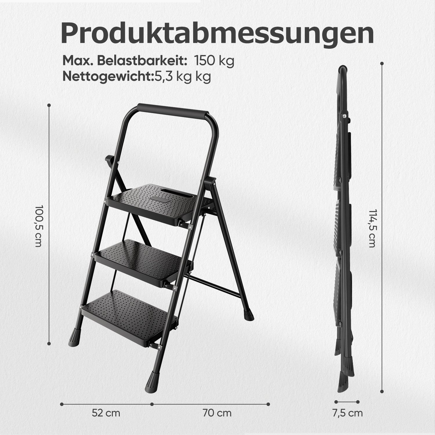Sekey Trittleiter Klapptritt Faltbar mit extrabreiten 36 cm XXL-Trittstufen, Anti-Rutsch, Haushaltsleiter 3 Stufen klappbar, für Zuhause & Küche, bis 150 kg – Bild 4 von 5