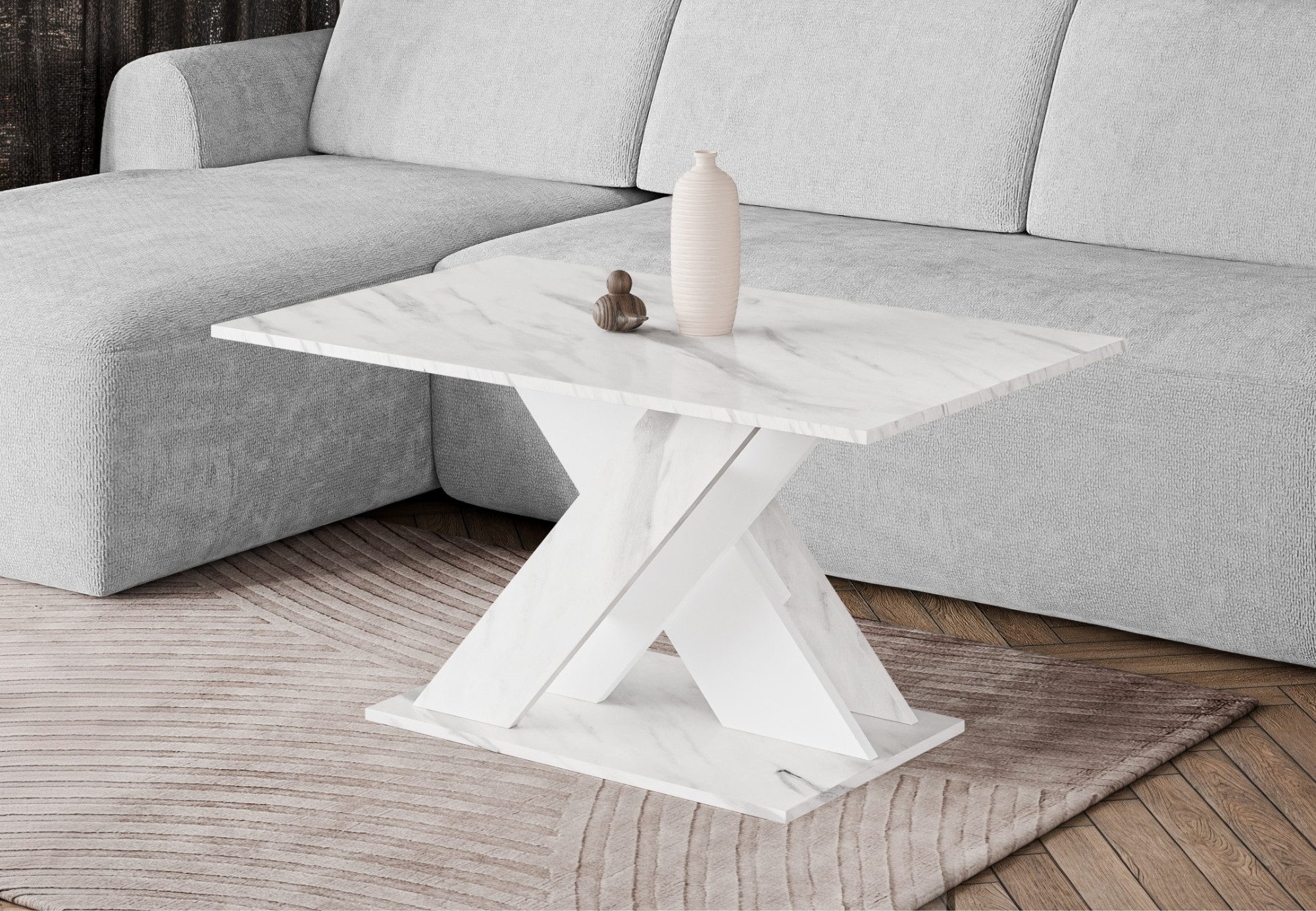 Home Collective Couchtisch Beistelltisch Wohnzimmertisch Tisch Couch (Wohnzimmer Lounge Sofatisch), modernes Design mit X-Gestell, 110 x 60 cm Weiß 