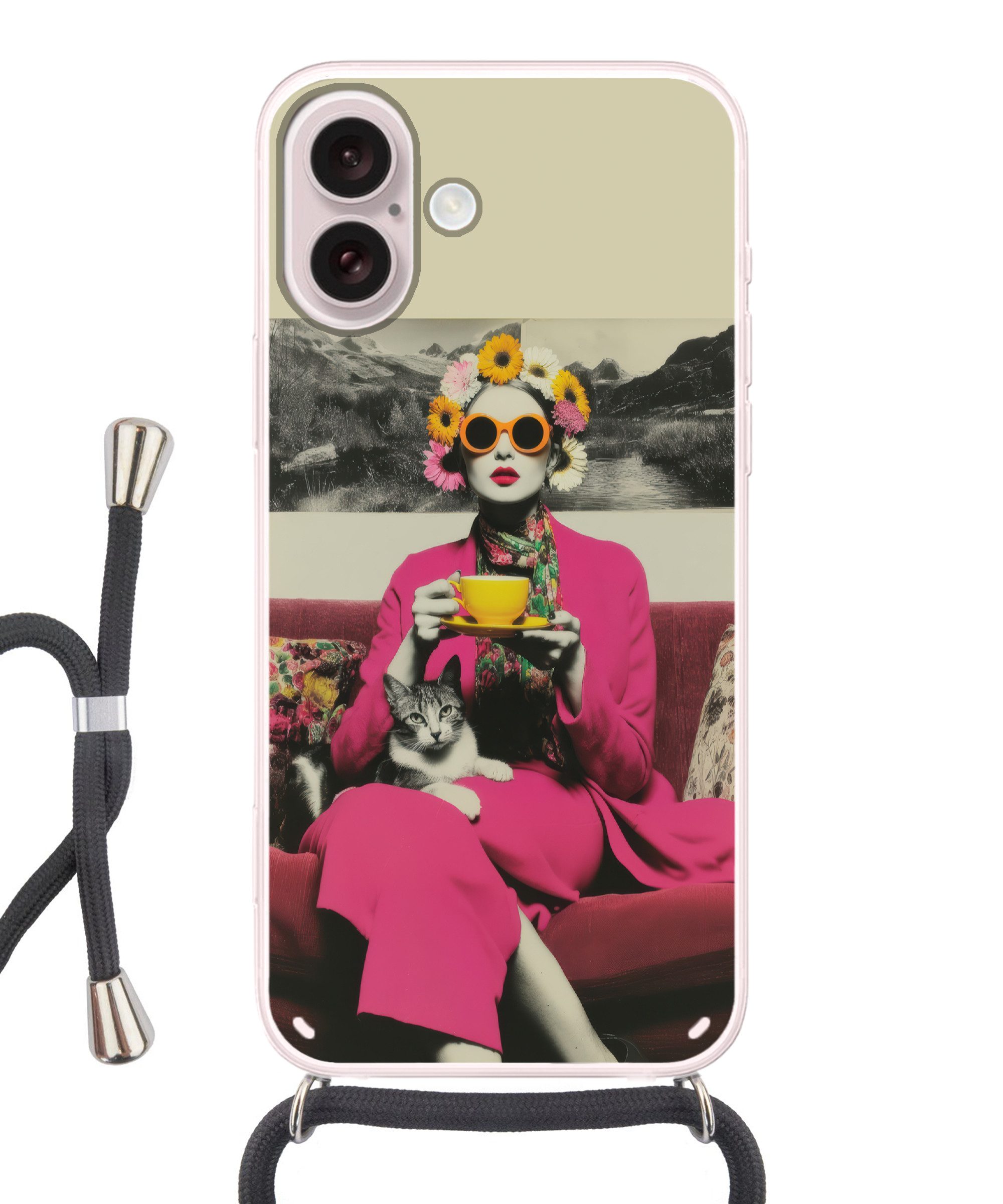 MuchoWow Handyhülle für Apple iPhone 16 Frau - Katze - Blumen - Tasse - Retro, Tragbare Handyhüllen mit Kette zum umhängen, Handykette Handyband