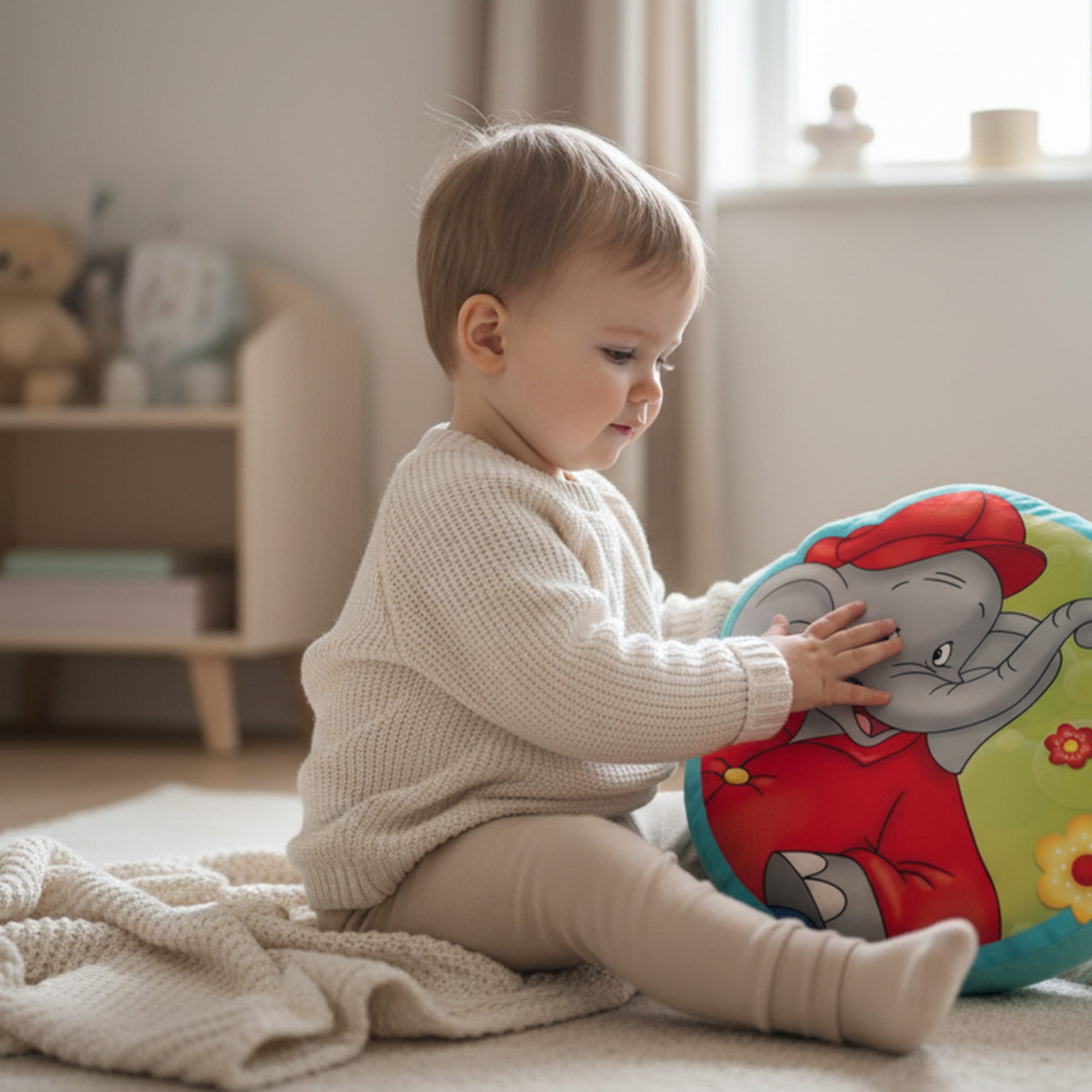 MTOnlinehandel Dekokissen Benjamin Blümchen 36x32 cm, weiches Kuschelkissen für kleine Fans, Fröhliches Motiv für Kinder – ideal zum Kuscheln und Spielen