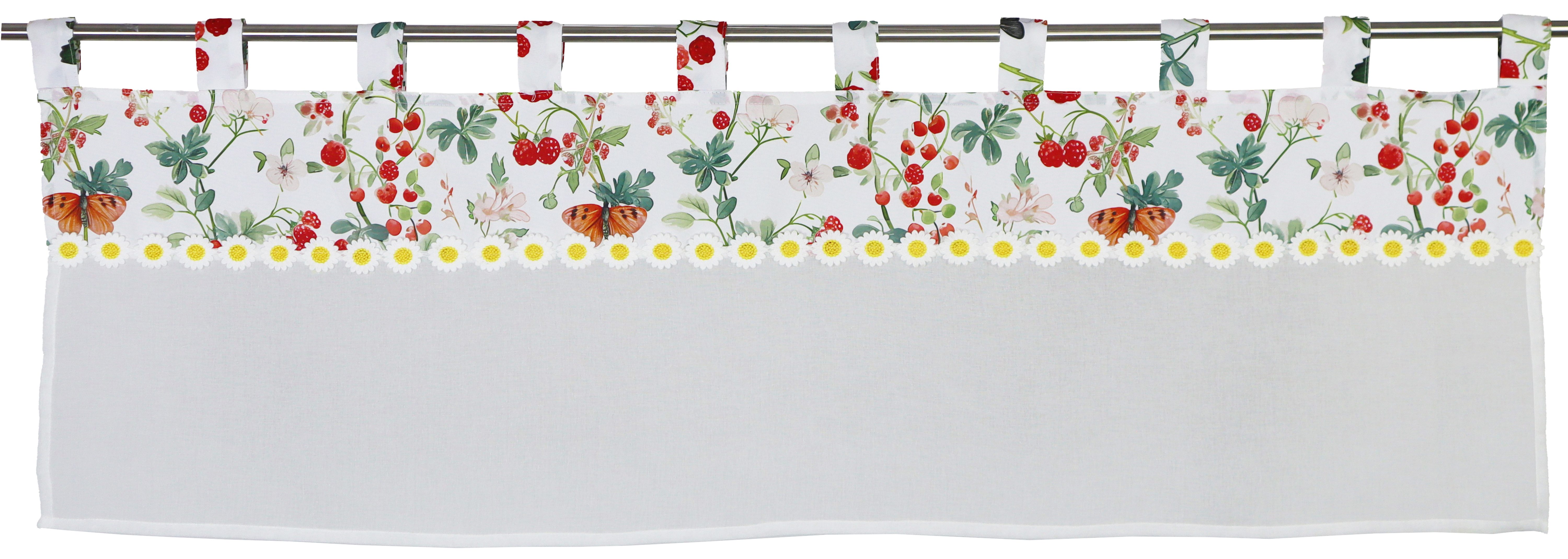EXPERIENCE Scheibengardine Bistrogardine Erdbeeren Blumen 48x140 cm, Käseleinen mit Applikation (1 St), Schlaufe, halbtransparent, Applikation