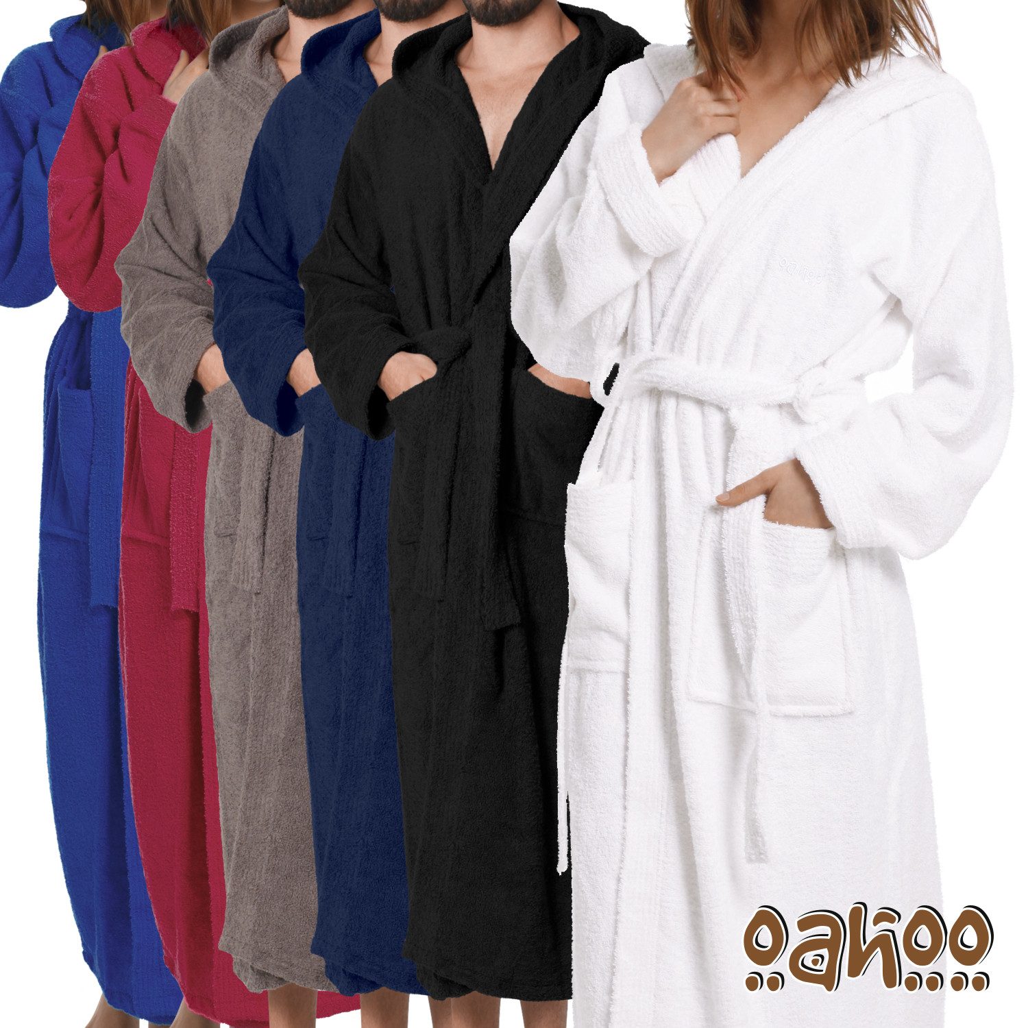 OAHOO Bademantel Unisex Frottee Bademantel mit Kapuze 100% Baumwolle, Extra-Lang