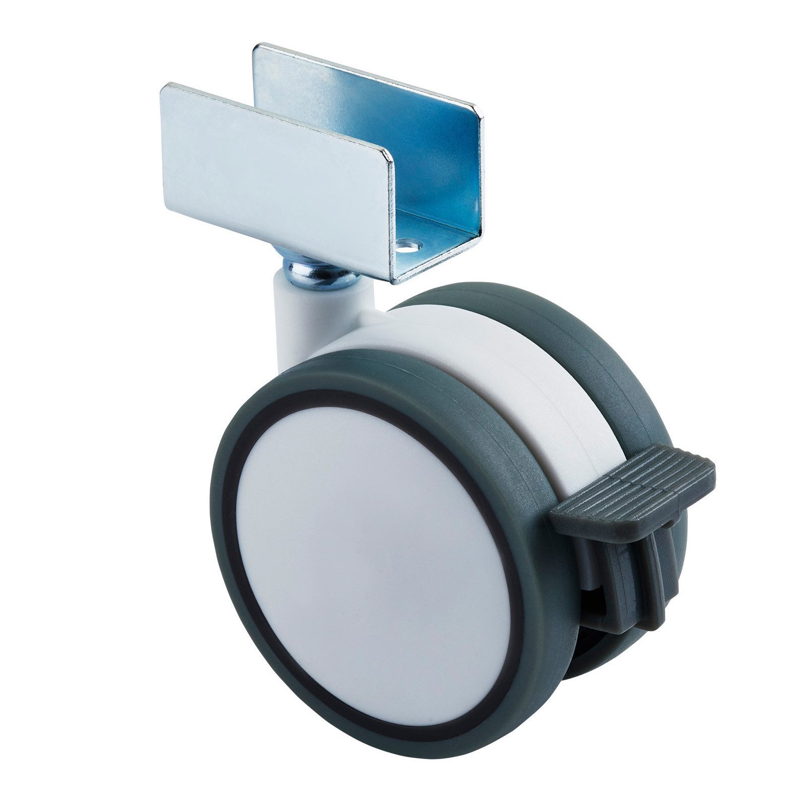 SO-TECH® Möbelrolle Hamm Ø 63 mm, Höhe 74,5 mm, U-Profil für 19 mm Wandstärke, belastbar bis 35 kg je Rolle, mit Bremse, weiß/grau, 1 x