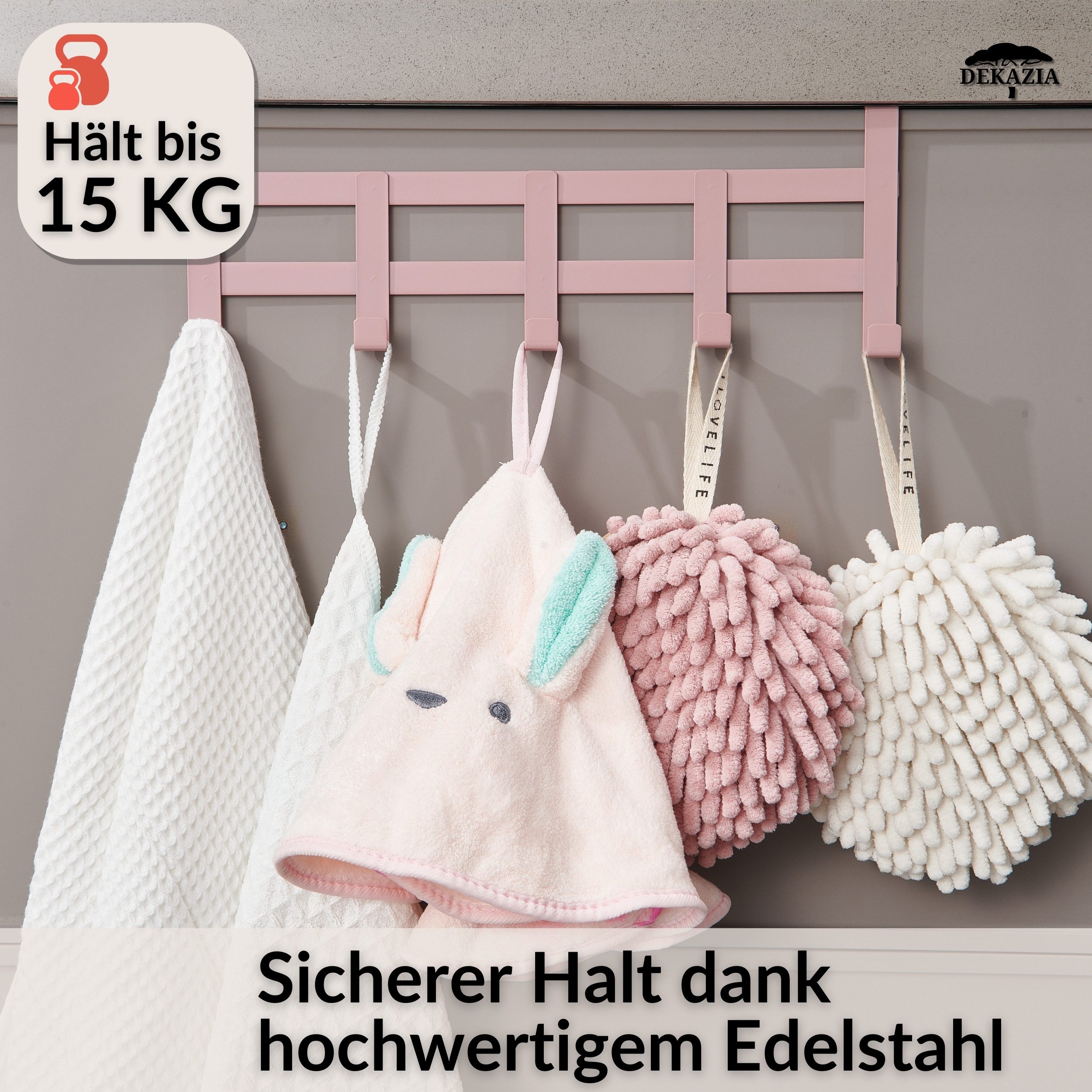 DEKAZIA Türgarderobe Kindergarderobe Tür Garderobe Türhaken Haken Tür, Kinderzimmer, Garderobe, Haustür, Zimmertür, Schranktür, Flur, Bad, Badezimmer, Schubladen, (Inkl. Filzpads, für alle gängigen Zimmertüren, Schranktüren, 4 Farben), zum Einhängen Kinderzimmer Handtuchhalter Garderobenleiste