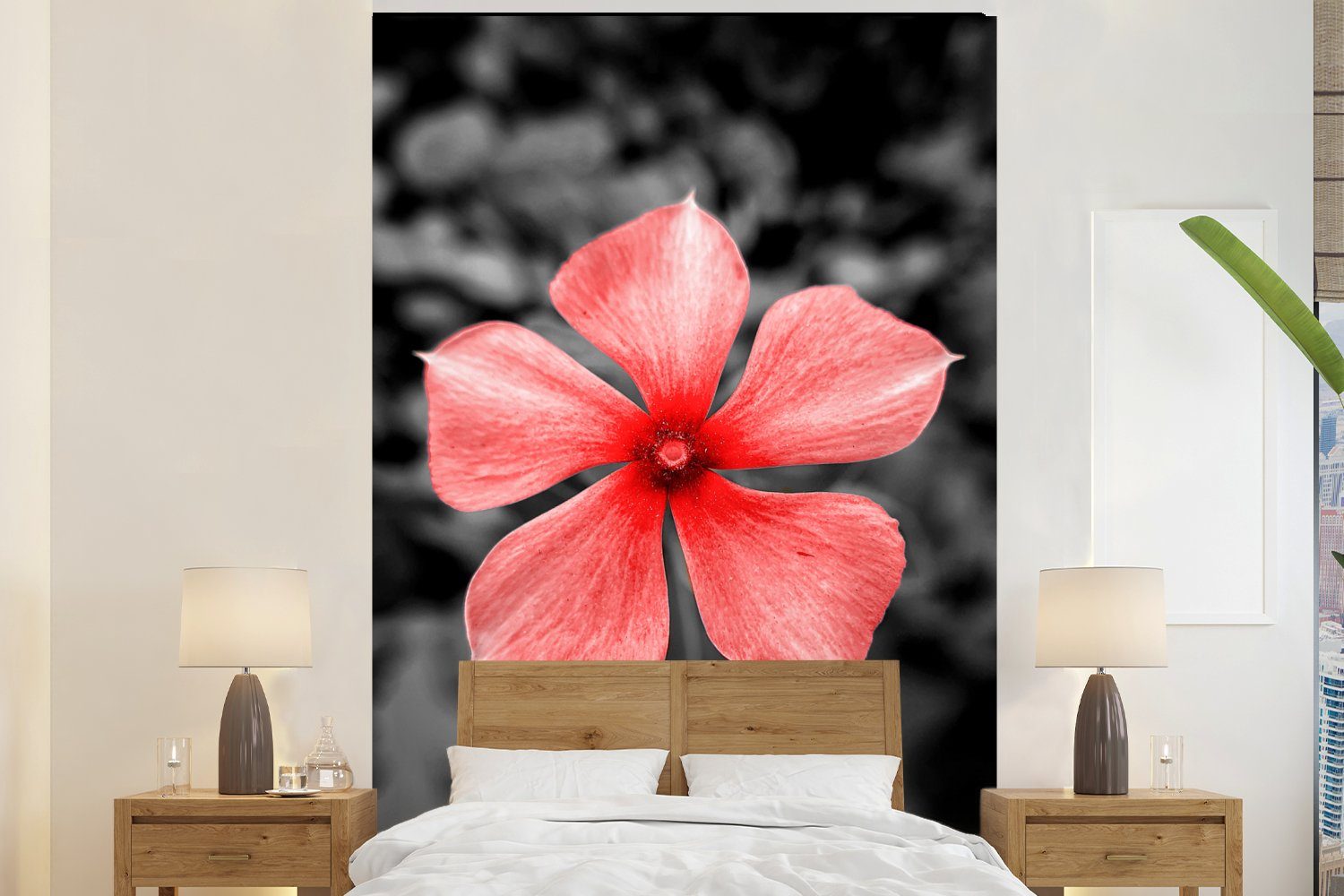 MuchoWow Fototapete Blumen - Rot - Schwarz - Weiß, Matt, bedruckt, (3 St), Montagefertig Vinyl Tapete für Wohnzimmer, Wandtapete