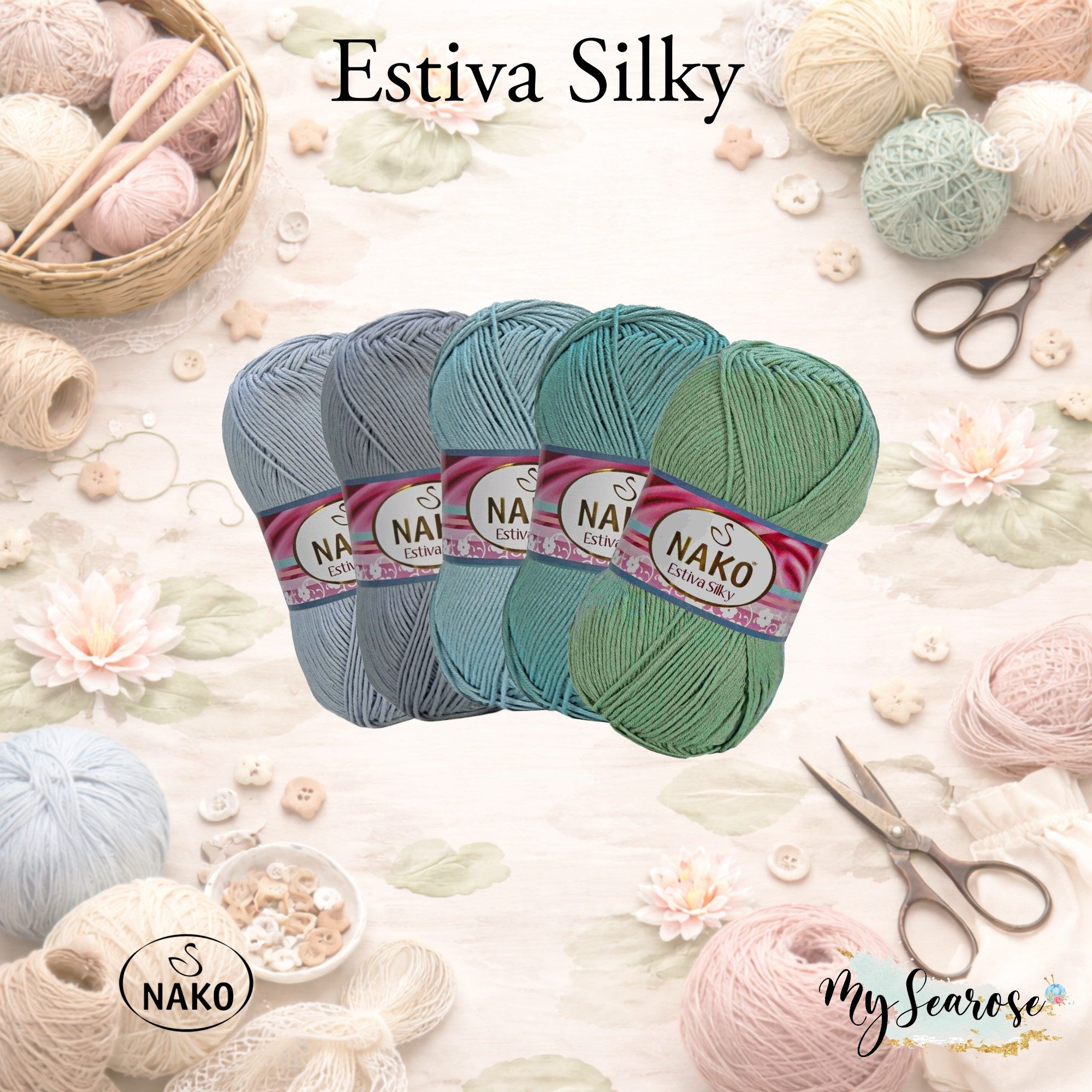 NAKO 5 x Nako Estiva Silky Häkelwolle, 220 m, Strickgarn,Häkelgarn, Garn aus Bambus