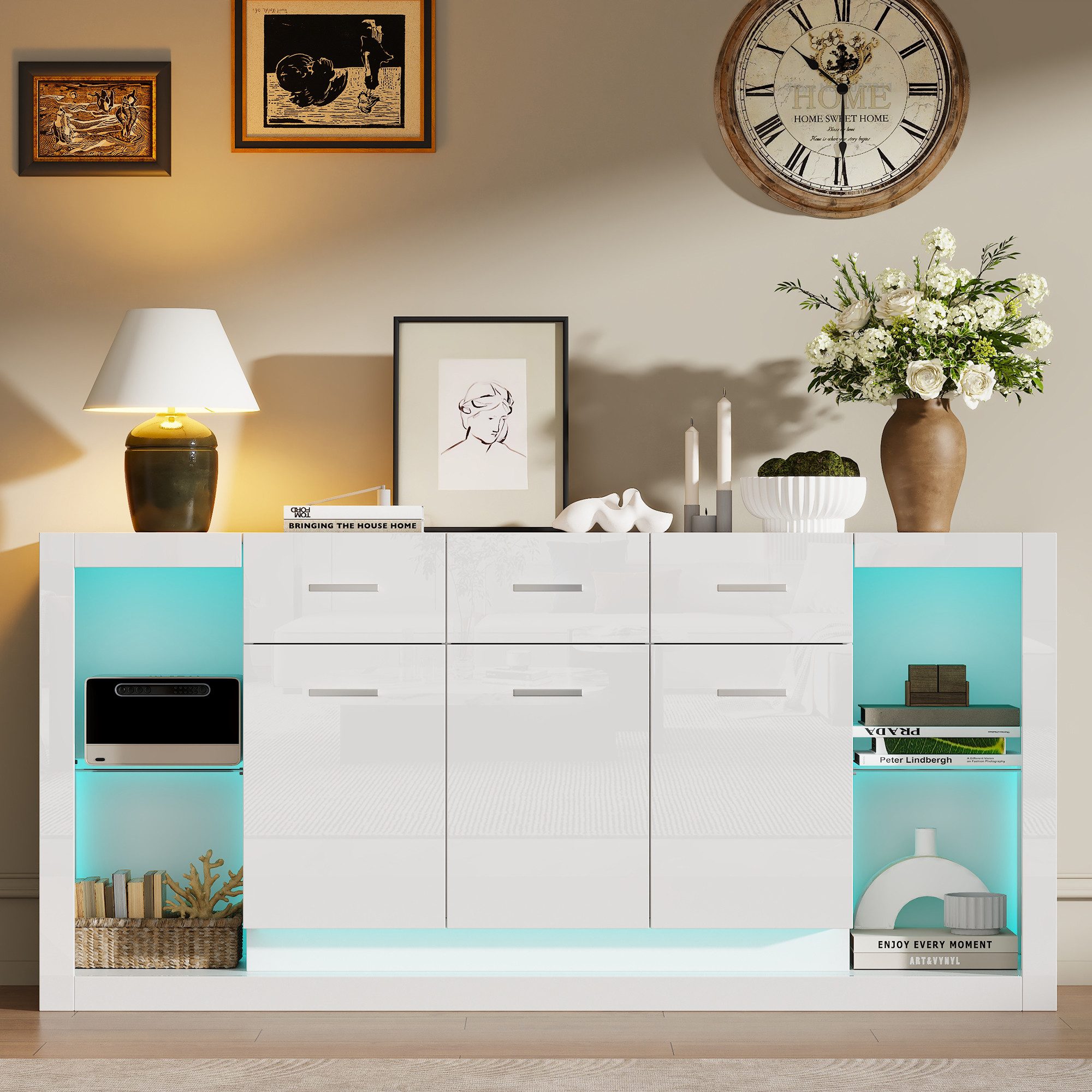 Merax Sideboard Hochglanz Anrichte Buffetschrank Wohnzimmerschrank mit LED-Beleuchtung (160 × 40 × 75 cm, 1 St., Kommode Beistellschrank), …