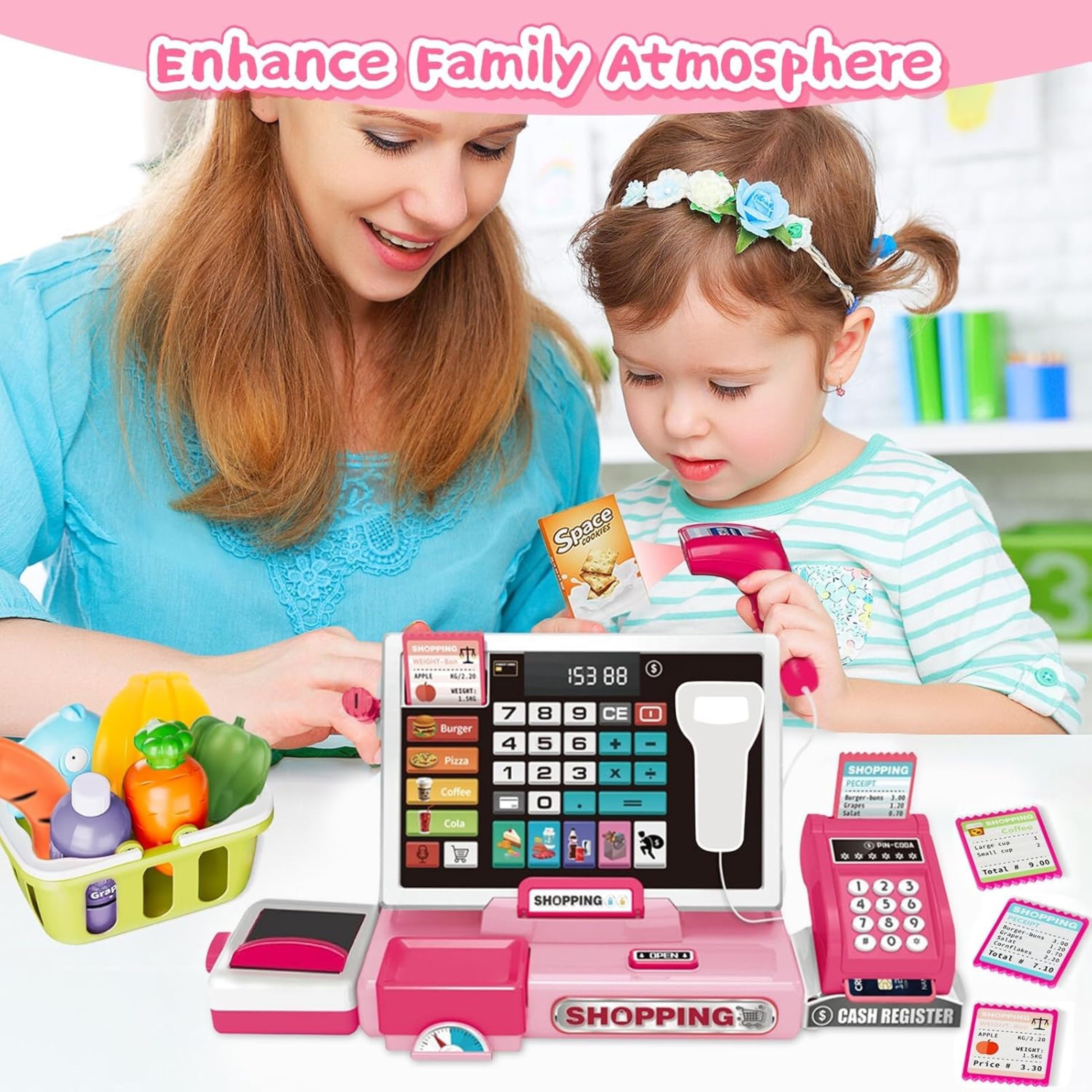 SliBoeyX Spielkasse Kinder Spielkasse mit Rechner, Scanner, Spielgeld und Zubehör Set, Rollenspiel Lernspielzeug mit Spielgeld und Zubehör für Kinder Sets