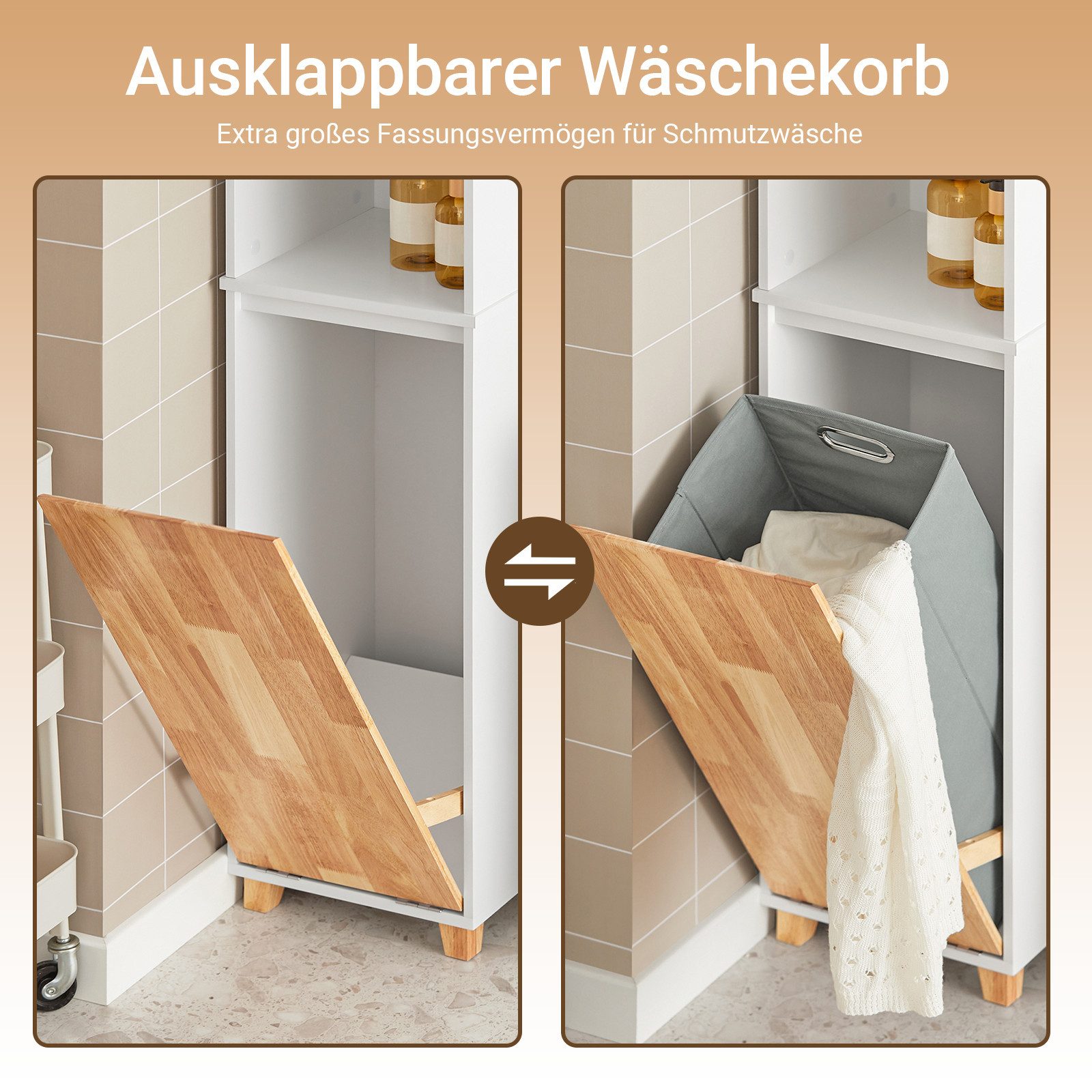 SoBuy Hochschrank BZR74, Badkommode Badezimmerschrank Badezimmermöbel Beistellschrank mit ausklappbarem Wäschesack Badschrank Badregal Wäscheschrank