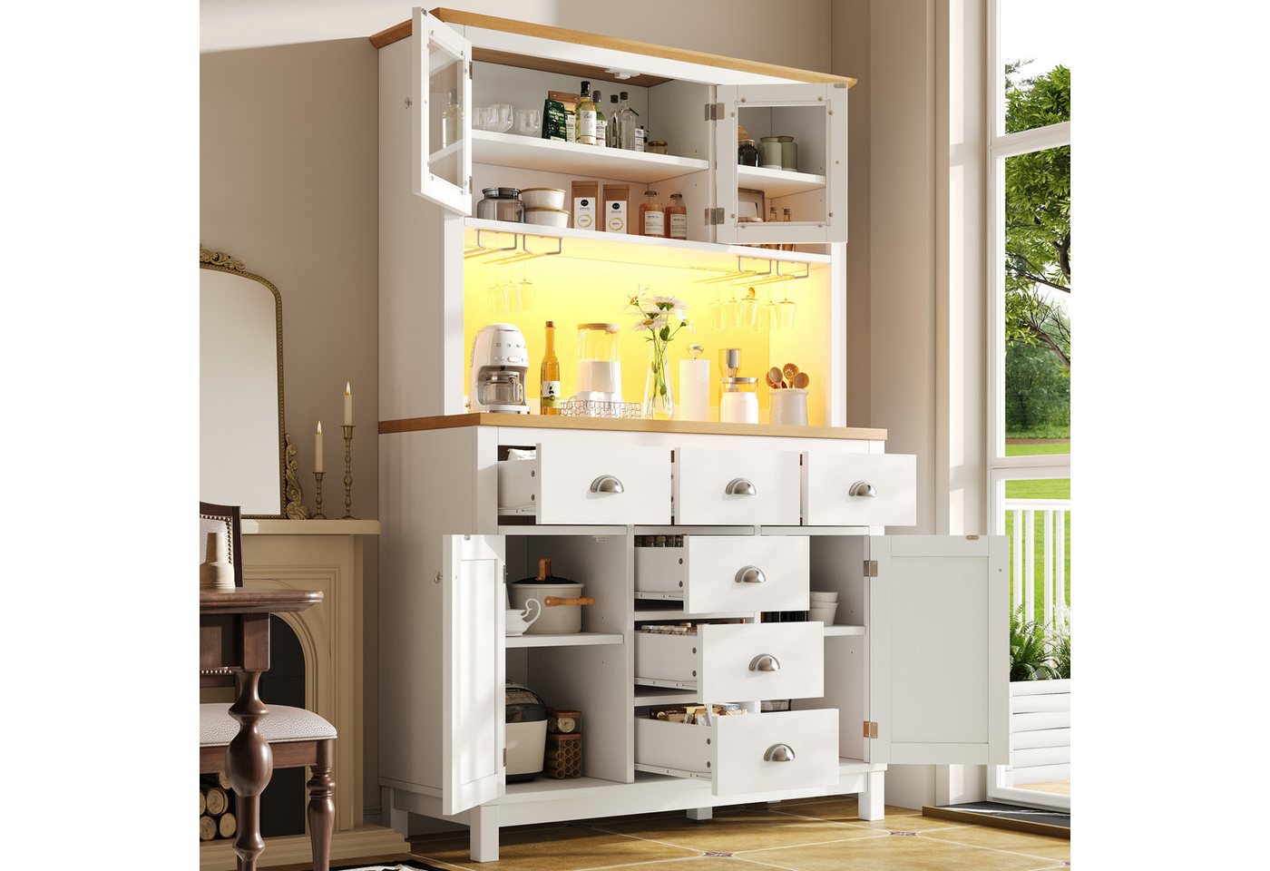 Flieks Küchenbuffet mit Arbeitsplatte in Holzoptik Natur & LED-Beleuchtung in Retro-Stil (1-St., B104/T40/H180 cm) Hochschrank Küchenschrank mit Gläserhalter, Schubladen und Glastüren
