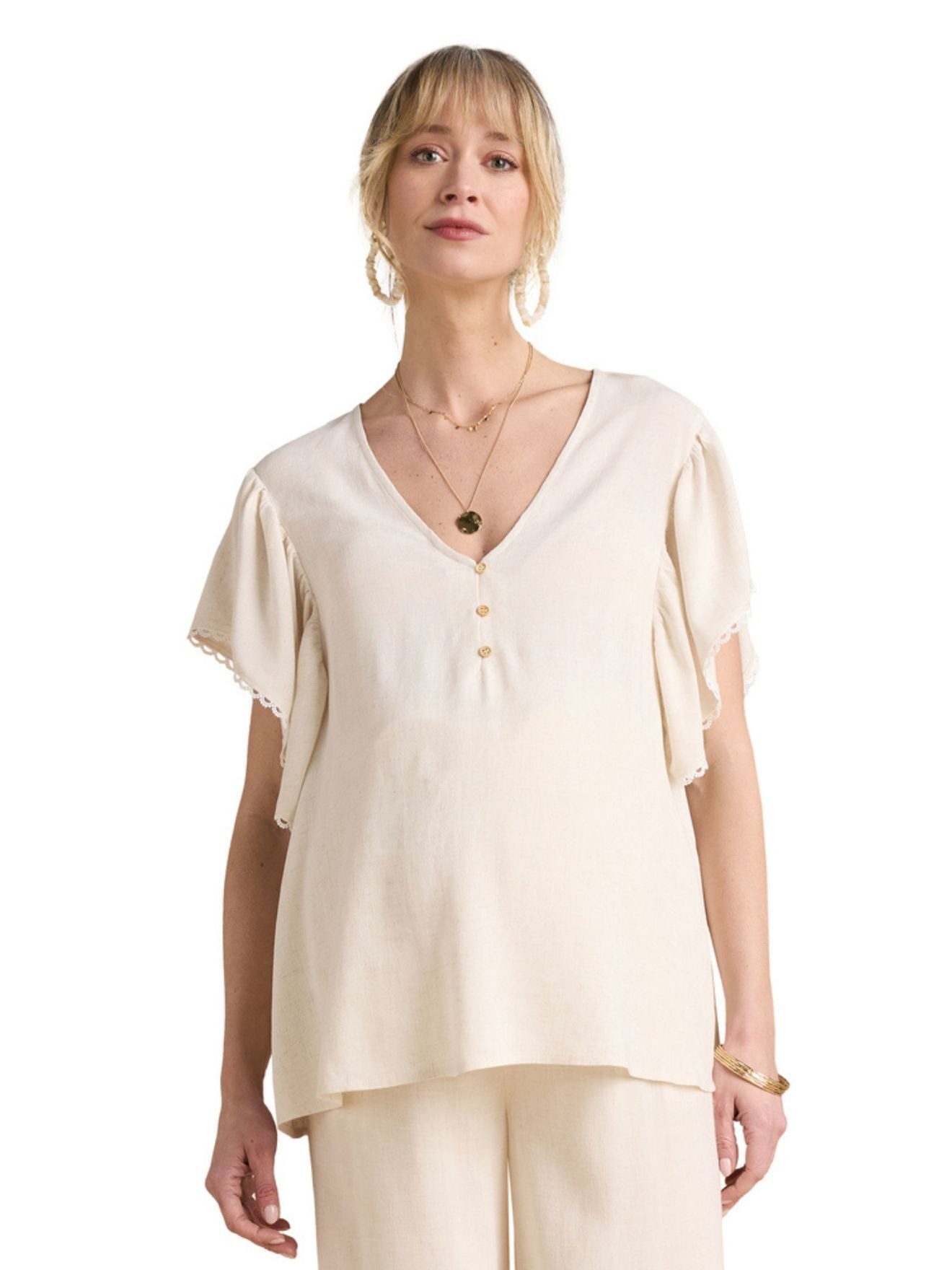 Envie de Fraise Umstandsbluse Bluse mit Leinen für Schwangerschaft und Stillzeit Makramee-Details, V-Ausschnit