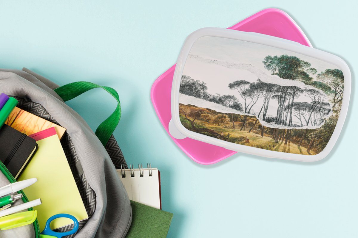 Schirmkiefern Kunststoff Lunchbox Mädchen, - Snackbox, Kunststoff, Kunst Italienische Erwachsene, Brotdose MuchoWow (2-tlg), Brotbox Hendrik -, rosa Voogd für Landschaft Kinder, -