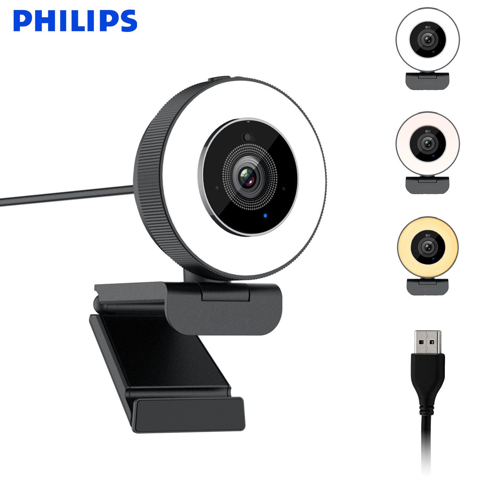 Philips SPL6408BT Webcam mit Ringlicht,2K/USB/30FPS/4MP/Autofokus/Plug & Play Webcam (2K, USB, Autofokus / 3 Beleuchtungsmodi/360° Panorama Drehung)