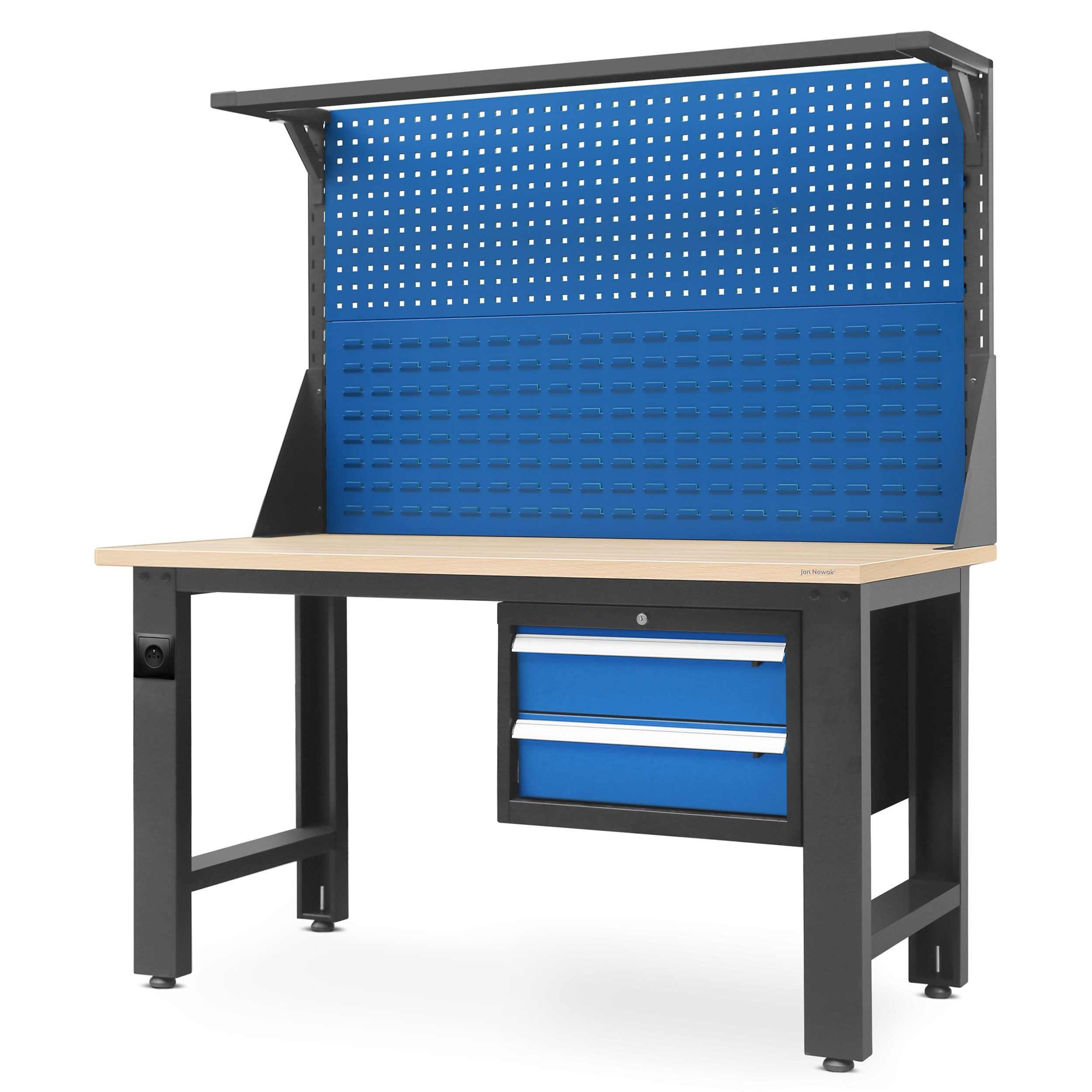 Jan Nowak Werkbank Werkstatttisch LOGAN 150 cm Lochwand Aufsatz 2 Schubladen, (Stahl 0,8-1,5 mm 170 x 150 x 75 cm verstellbare Füße 89 kg), Werktisch abschließbar 600 kg laminierte Platte Lampenhalter