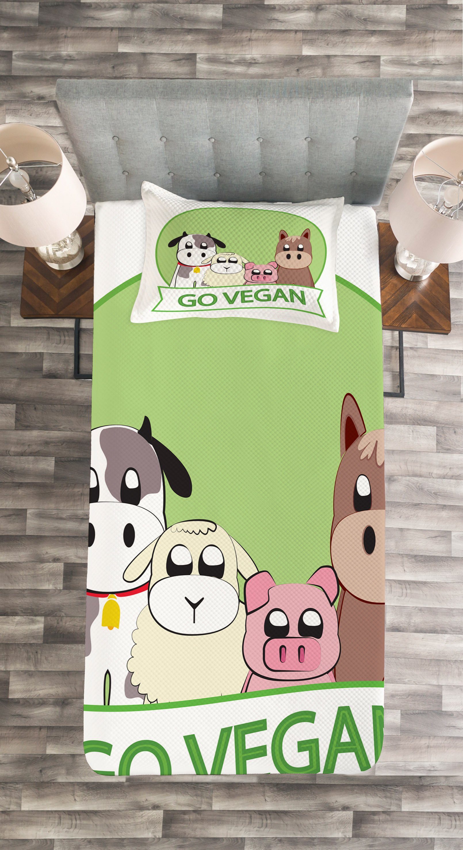Tagesdecke Set mit Waschbar, Kissenbezügen Vegan Slogan Vegetarier Tiere Abakuhaus, Go