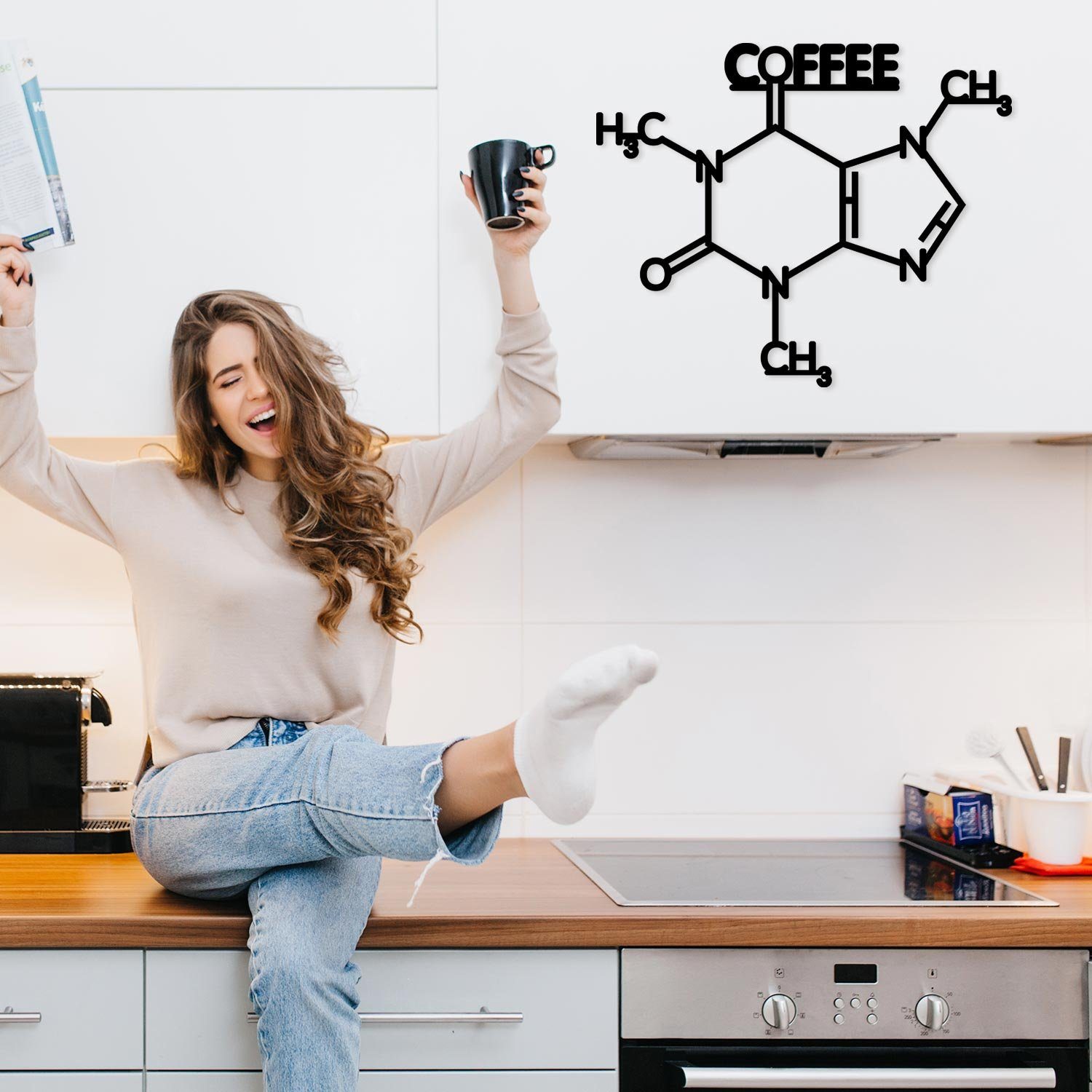 Namofactur 3D-Wandtattoo 'Coffee' aus Holz Wandbild Kaffee Caffé Wanddeko Café Dekoration, außergewöhnliches Geschenk Coffee Junkie, but first coffee Holzkunst