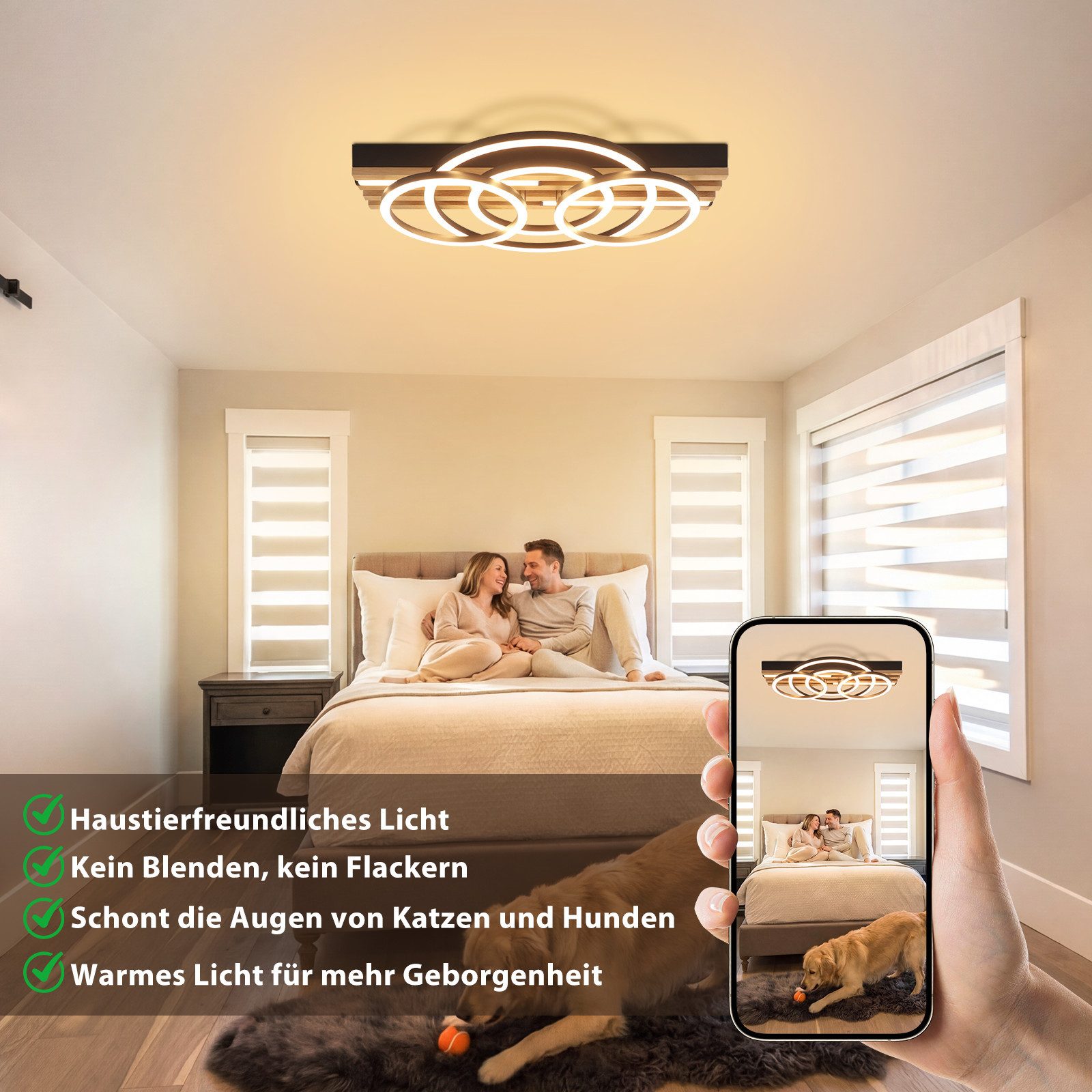 Nettlife LED Deckenleuchte Dimmbar Holz 2/3/4 Ringe Modern Deckenlampe Wohnzimmer, LED fest integriert, 60W 50*32*10.3CM für Schlafzimmer Büro Küche – Bild 5 von 5