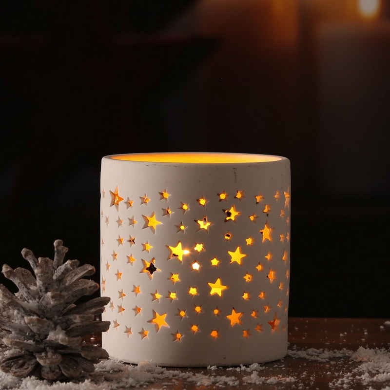 MARELIDA Windlicht »Teelichthalter Sterne Kerzenhalter Windlicht Porzellan H: 10cm Winter weiß gold«