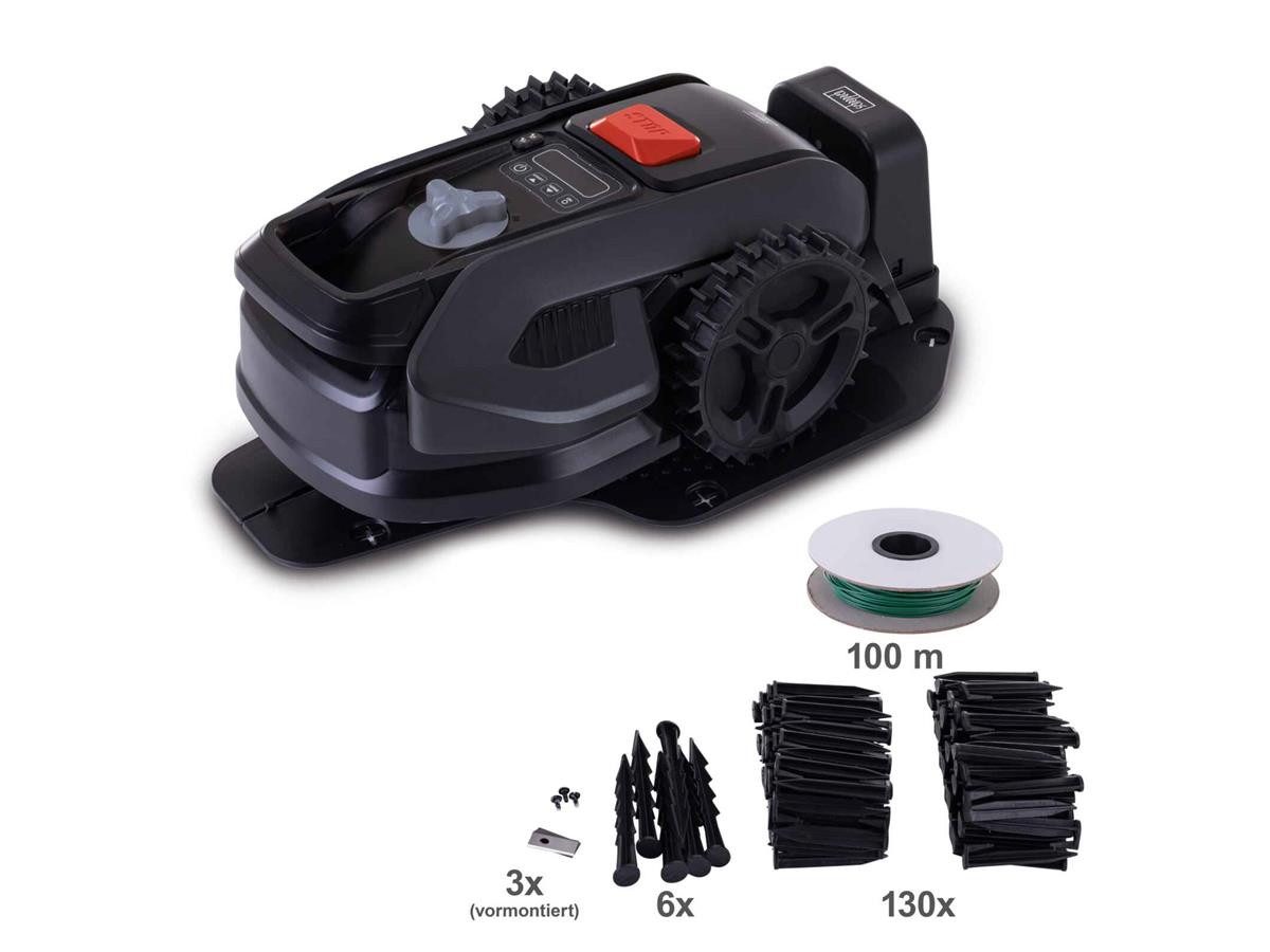 Scheppach robotic lawnmower RRMA300, for lawns up to 300 m², (set of 4), including battery, guide wire, mounting clamp and mowing blades