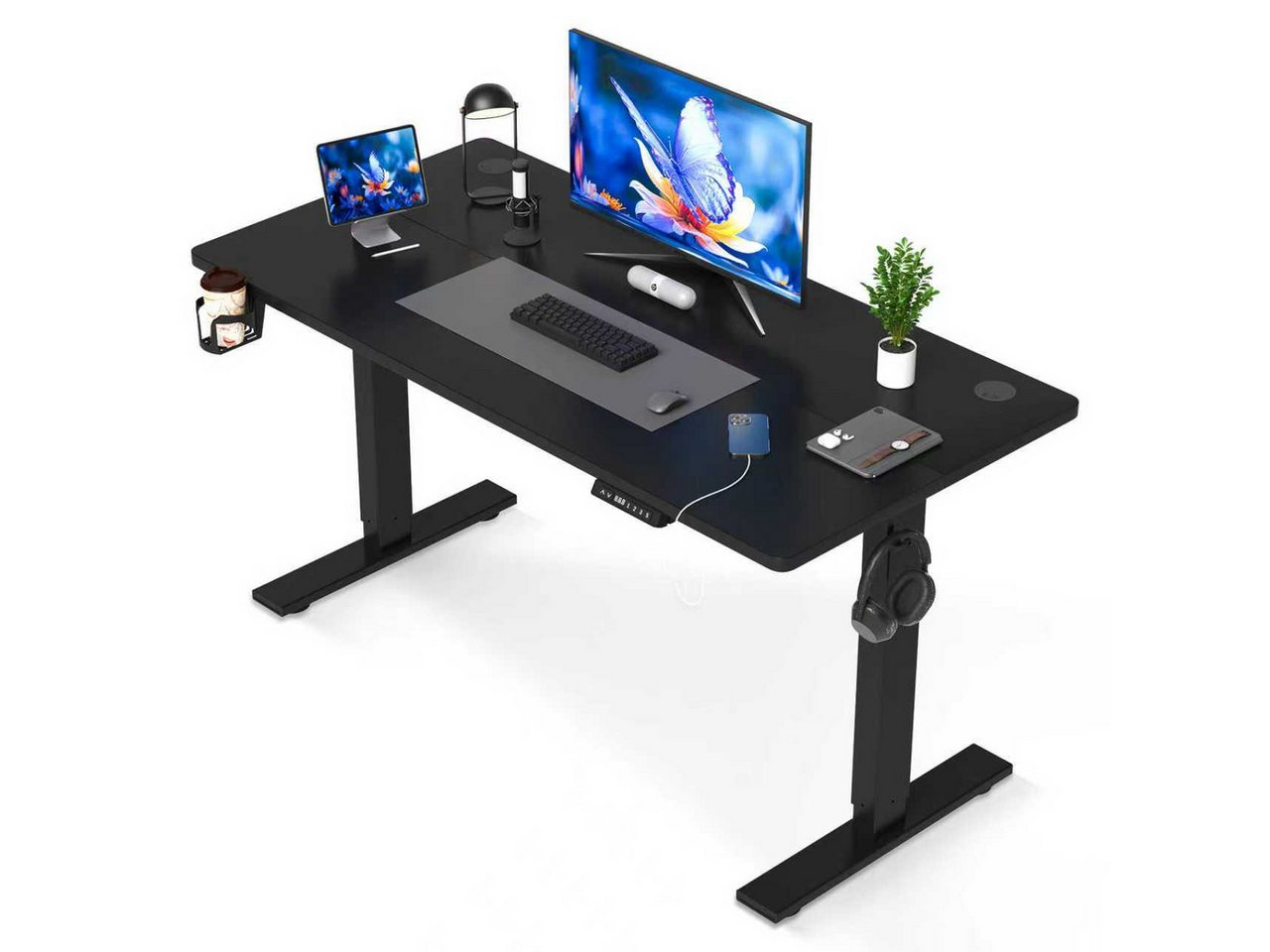 HOMAVO Schreibtisch Höhenverstellbarer schreibtisch mit Memory- und Rebound-Funktion (Sitz-Steh-Erinnerung), inkl. Kabelwanne & USB/Typ-C-Anschlüssen, Tischplatte 18 mm