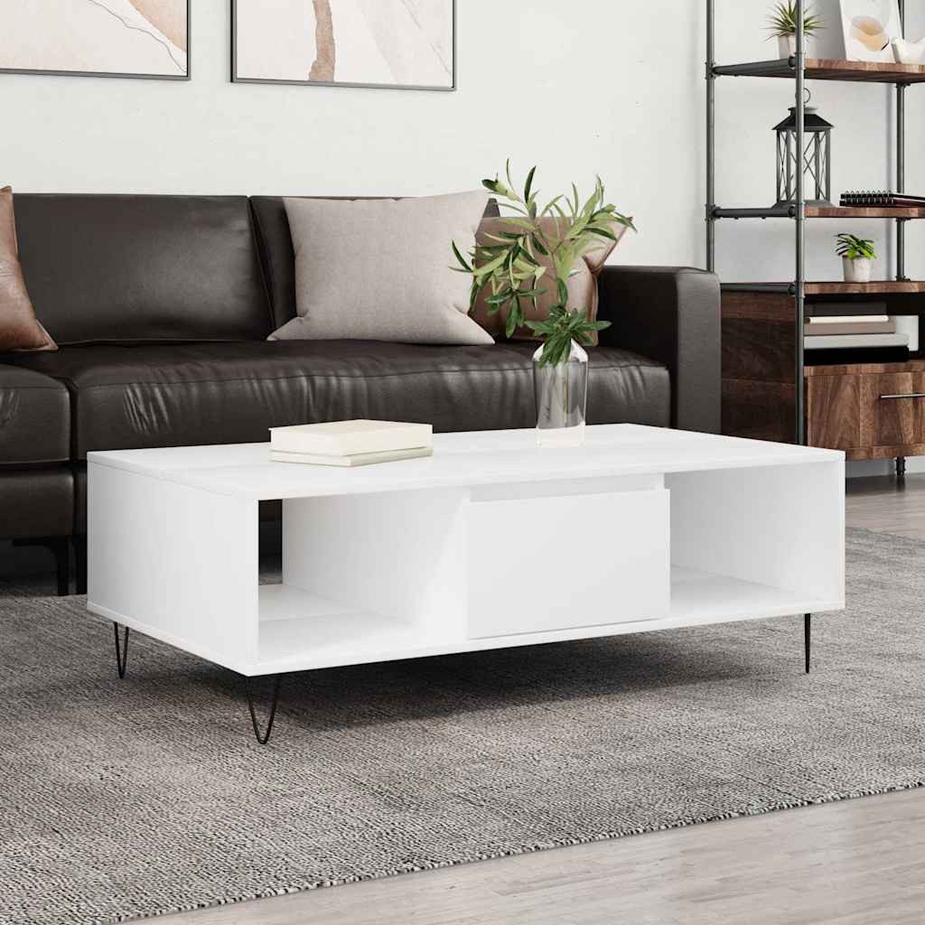 furnicato Couchtisch Weiß 104 x 60 x 35 cm mit Holzwerkstoff und Eisen Gestell (1-St), Wohnzimmertisch mit Stauraum durch drei Fächer und glatter Oberfläche