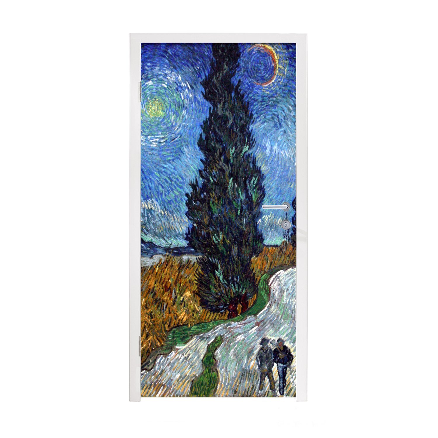 mit Straße Matt, (1 Türtapete van St), Stern Zypresse - 75x205 und Türaufkleber, Fototapete Vincent Tür, Gogh, cm MuchoWow bedruckt, für