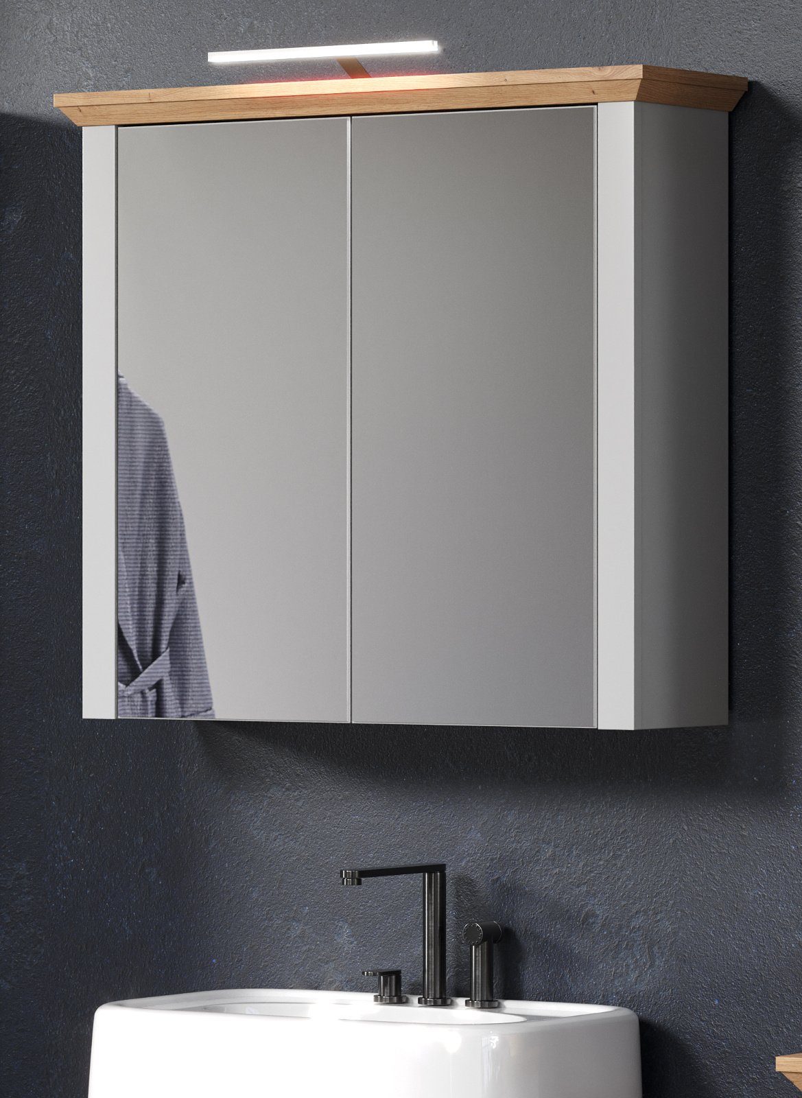 Furn.Design Badezimmerspiegelschrank Landmark (Badschrank in hellem grau mit Artisan Eiche, 78 x 73 cm) Landhausstil