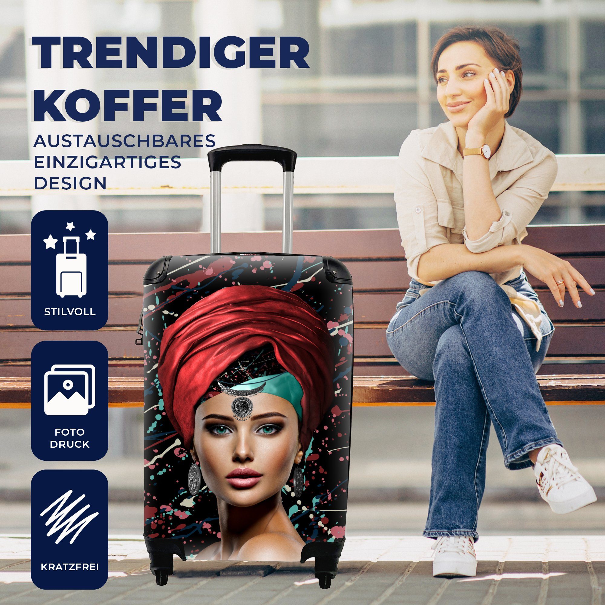 Rollen, - Reisekoffer Handgepäckkoffer mit rollen, 4 Ferien, Rot, Trolley, MuchoWow Reisetasche - Handgepäck Abstrakt Frau für