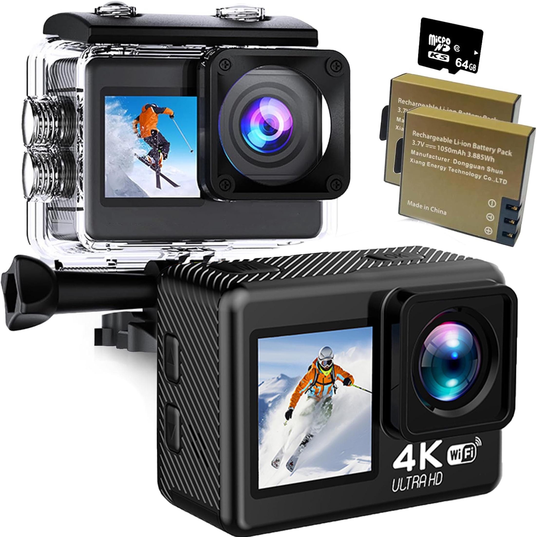 KINSI Action Cam 4K, WLAN Sportkamera 20MP mit EIS Bildstabilisierung Action Cam (170°-Weitwinkel, Duale Farbbildschirme, wasserdicht)