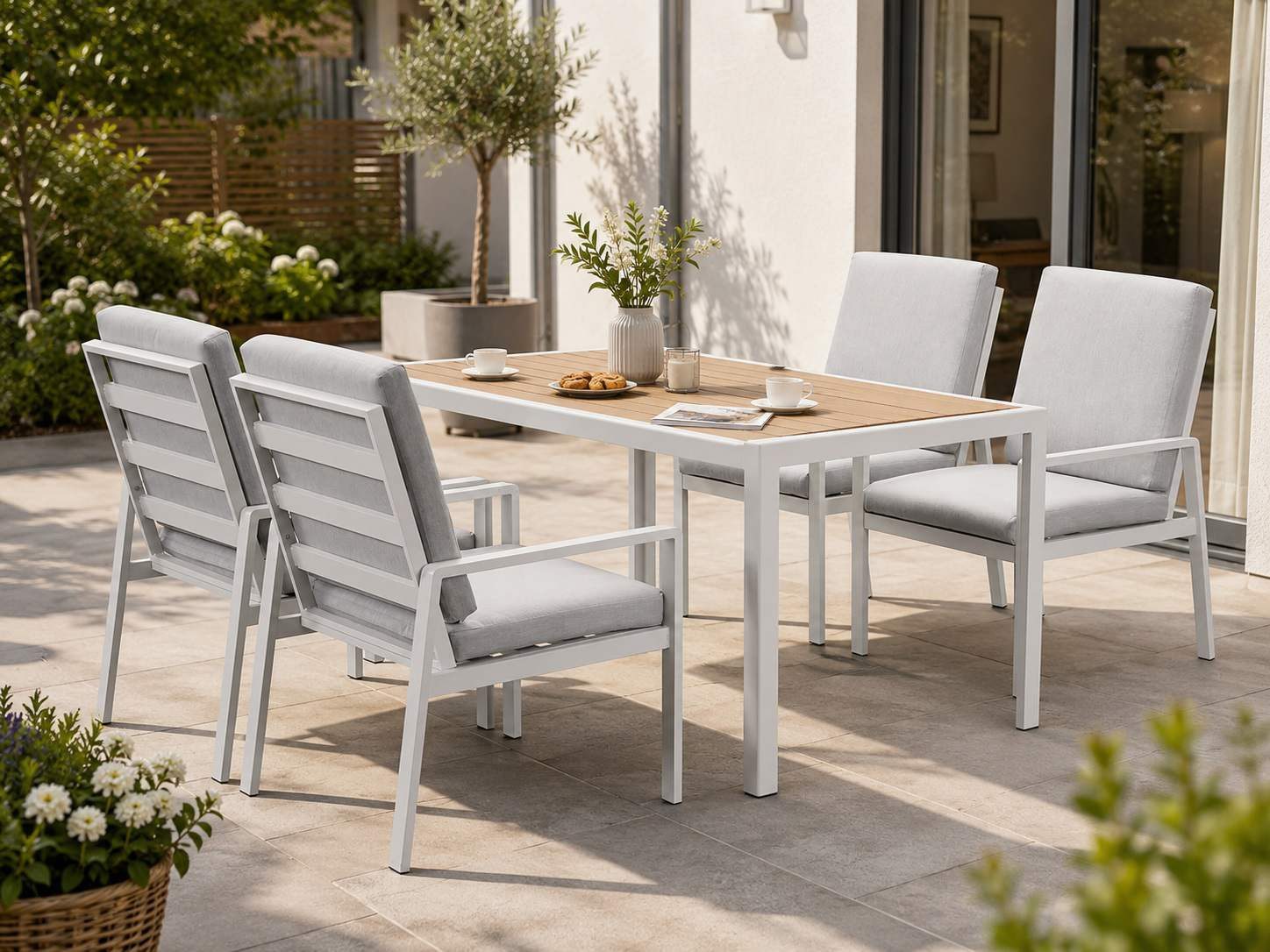 MeXo Gartenlounge-Set Gartenmöbel Set aus Aluminium mit Esstisch, (wetterfest, hoher Sitzkomfort, 5-tlg., bis 140 kg belastbar), mit pflegeleichte Polywood-Tischplatte, geeignet für 4 Personen