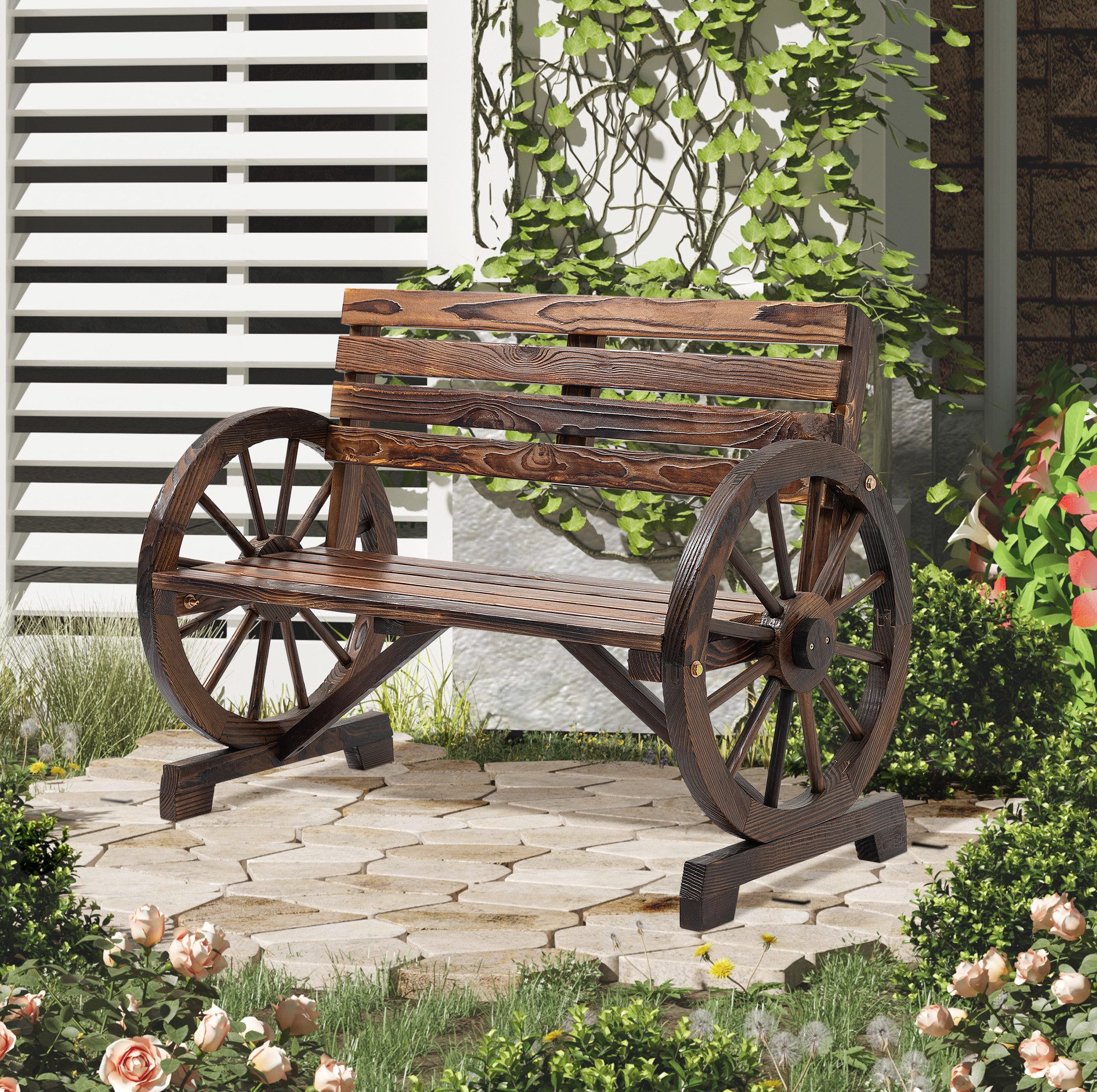 OKWISH Gartenbank Gartenstuhl 2-Sitzer 105,5x56x79 cm, Holzbank Tannenholz Braun (Packung, 1-St., Holzbank für Garten und Terrasse, stabile Zweisitzer Sitzbank), Landhausstil Sitzbank mit Wagenrad-Armlehnen, Outdoor Gartenmöbel