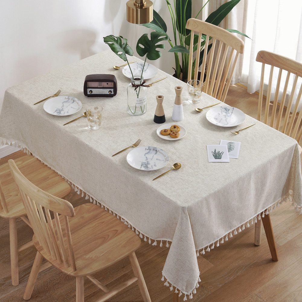 TUWENA Tischdecke Rechteckig Tischdecke,Leinen Baumwolle Tischtuch Abwaschbar mit Quaste