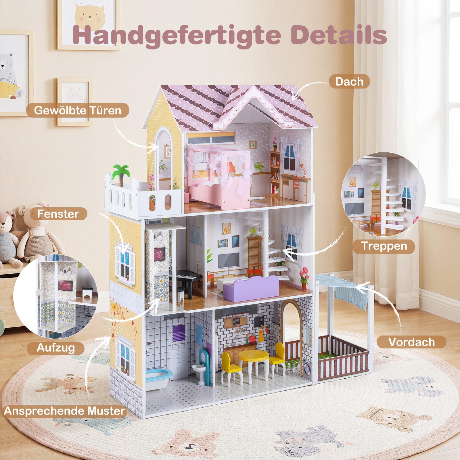 COSTWAY Puppenhaus, Familien-Puppenhaus mit 16 Teilen, Balkon & Garten