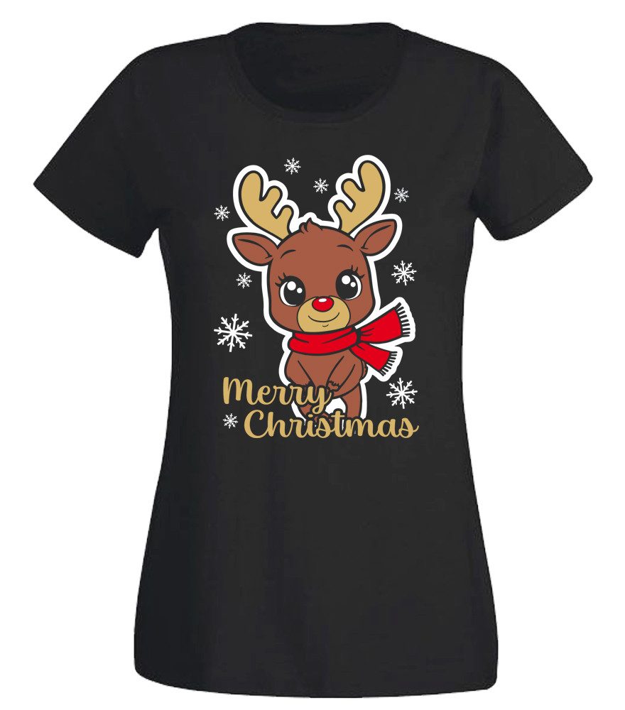 T-Shirt Merry Christmas – Rentier mit Kulleraugen & Schal