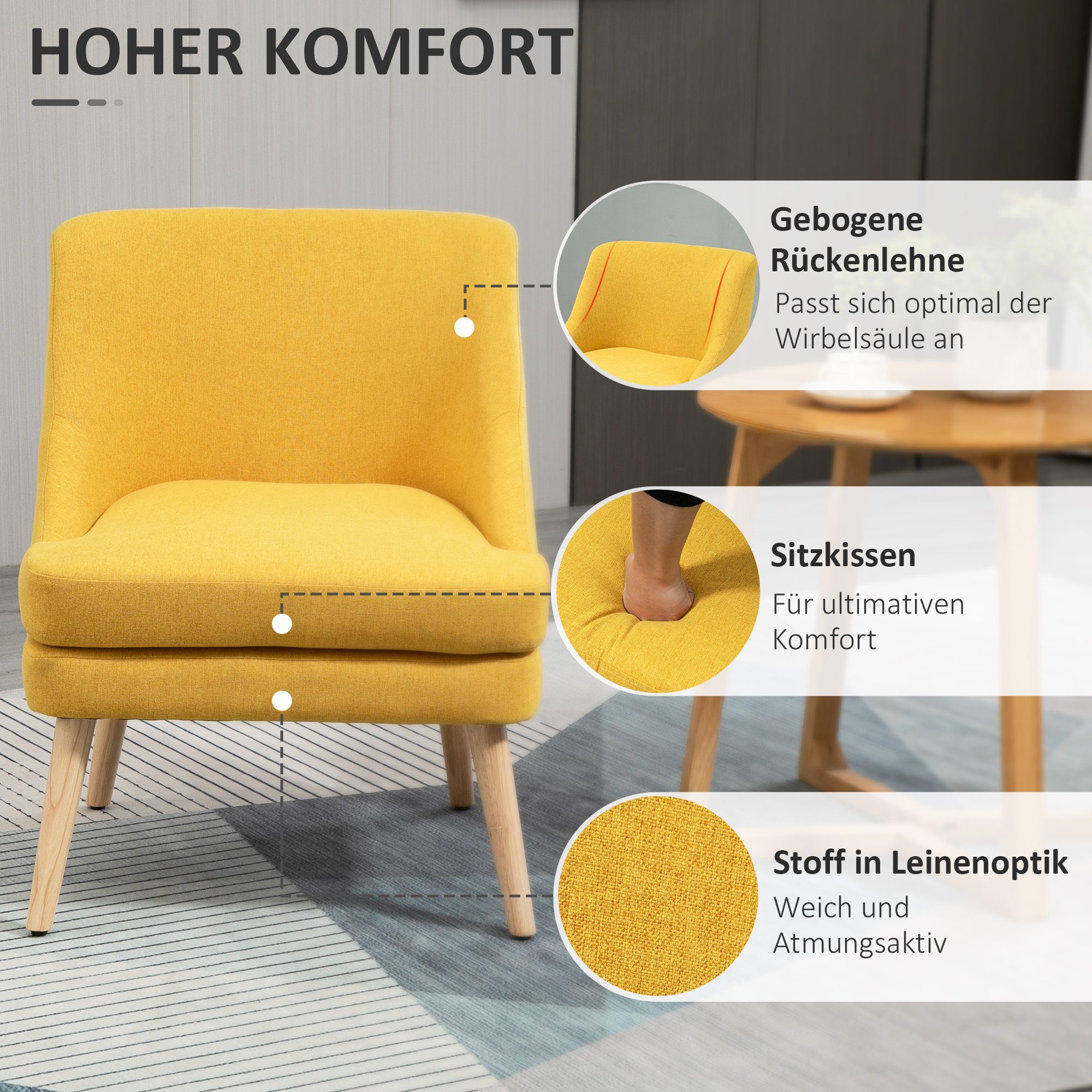 Leinen-Touch Polsterstuhl, mit Anti-Rutsch-Fußmatten Gelb Armlehne, Küchenstuhl Relaxsessel 1-St., 1 Polstersessel), Holz (Wohnzimmerstuhl, HOMCOM | Gelb