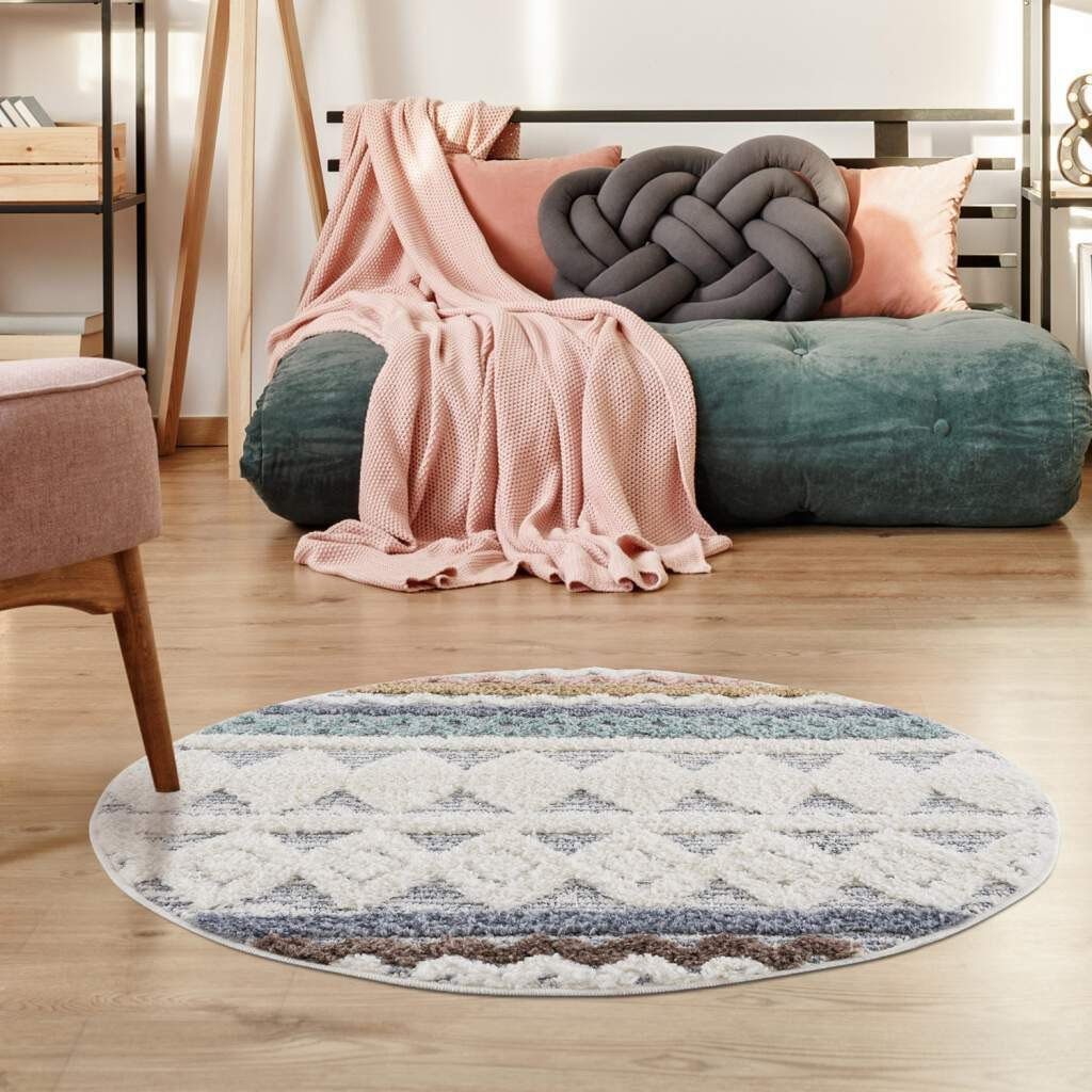 Hochflor-Teppich Focus 3013, Carpet City, rund, Höhe: 20 mm, Boho-Teppich, Rauten-Design, besonders weich, 3D-Effekt