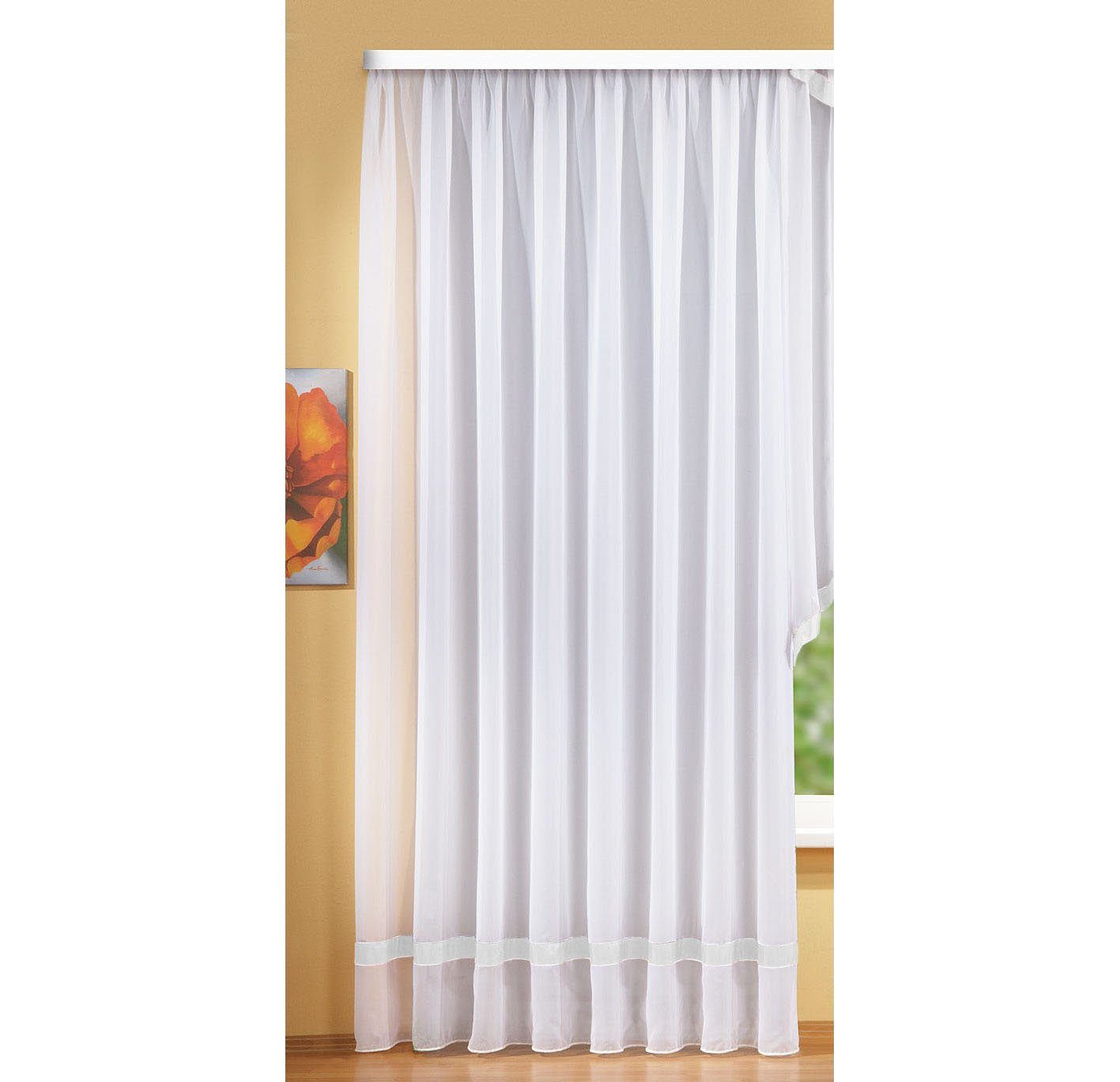 Gardinenbox Gardine (1 St), Kräuselband, halbtransparent, Voile, Langstore mit Borte aus mattem Microsatin Micofaser-Gewebe 20424