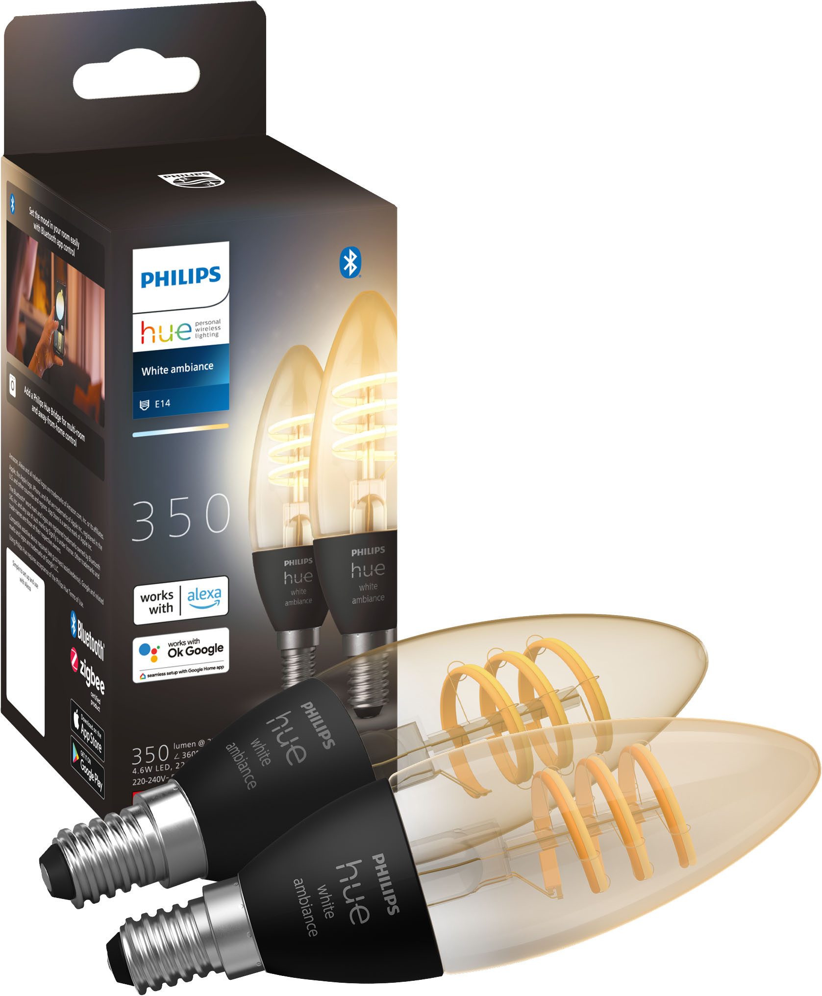 Philips Hue LED-Filament White Ambiance Kerze 350lm, E14, 2 St., Farbwechsler
