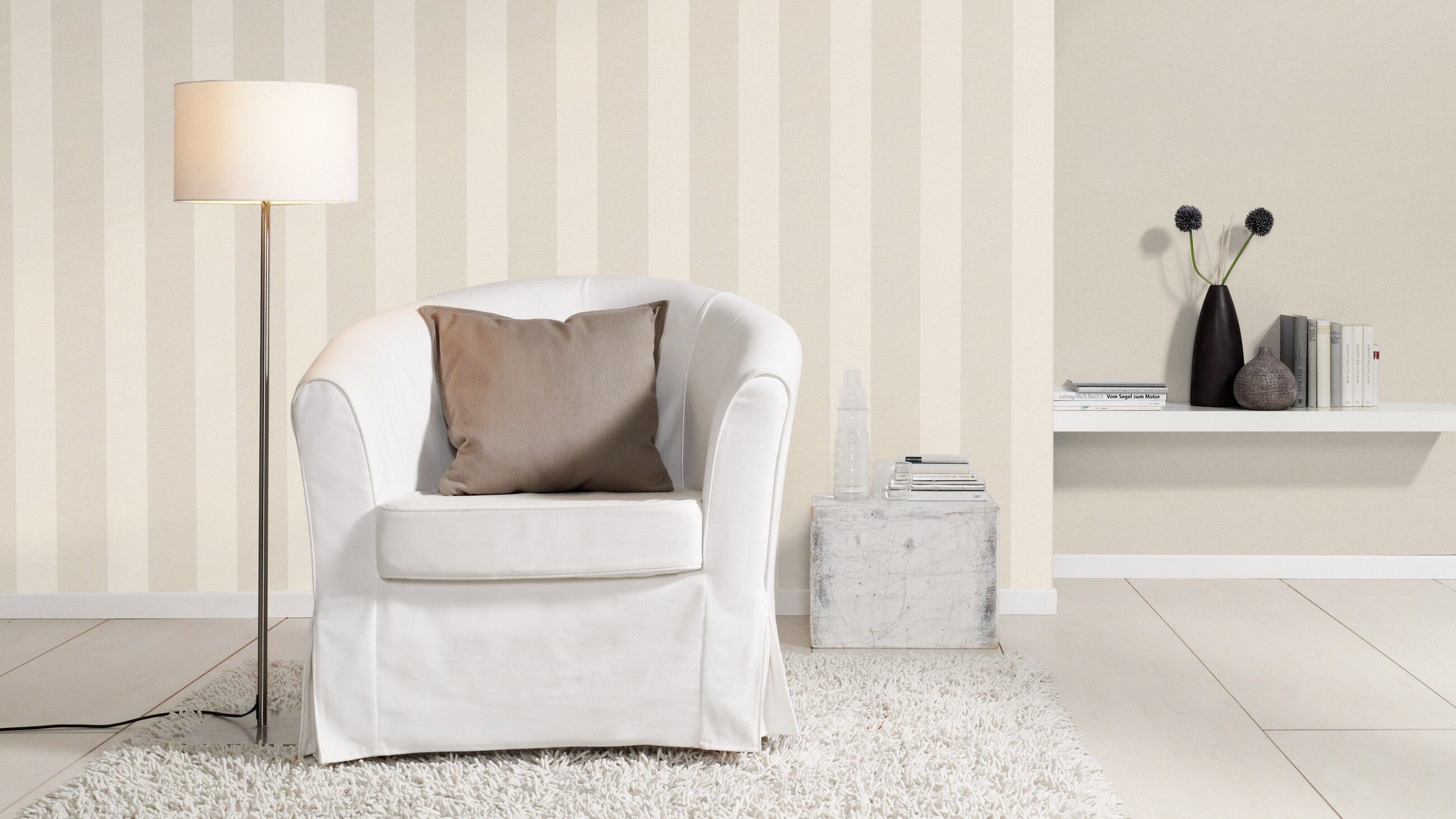 Rasch Vliestapete Streifenmuster - Vinyltapete Beige Creme, Textiloptik, (1 Rolle, 1 St., 10,05 m x 0,53 m), gute Lichtbeständigkeit, feucht abwischbar, restlos – Bild 4 von 5