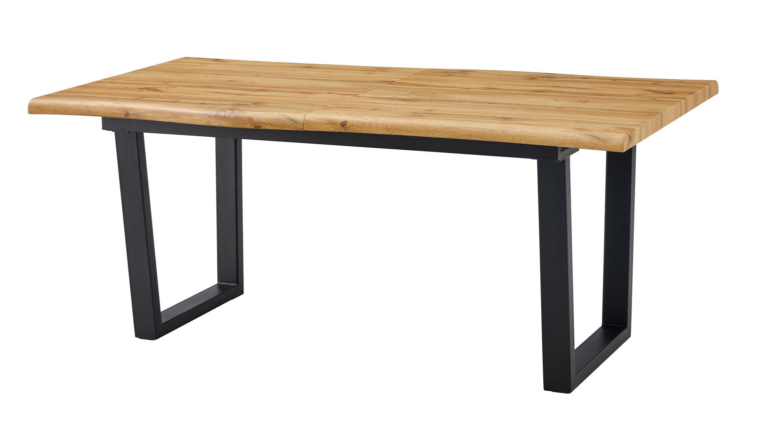 Die Möbelfundgrube® Baumkantentisch IRINA 180 - 220 cm ausziehbar / Baumkantenoptik / Wildeiche, 25 mm Tischplatte / U-Gestell schwarz Metall / Industrial