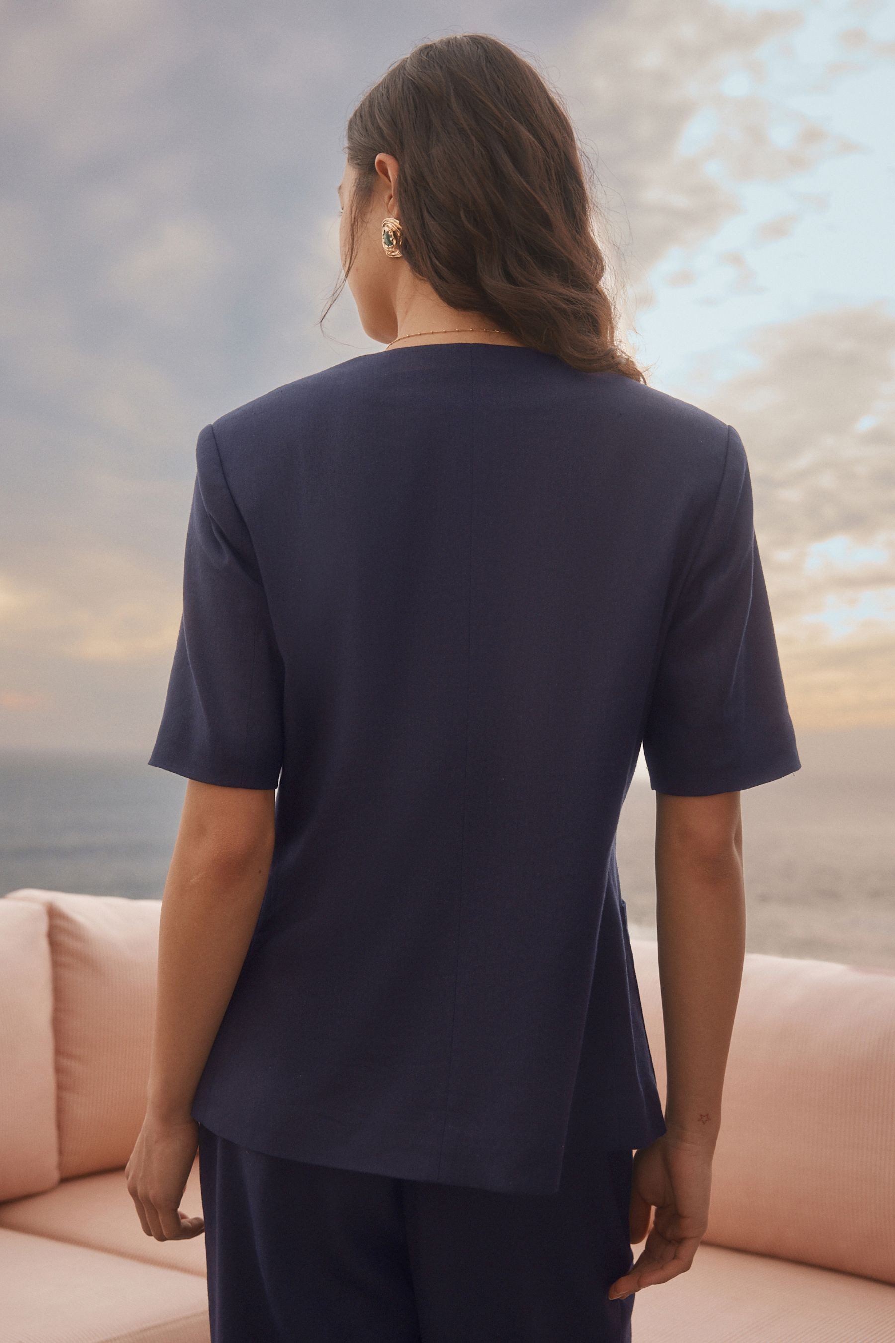 Next Jackenblazer Kurzarm-Jacke mit Leinenanteil, Kurzgröße (1-tlg)