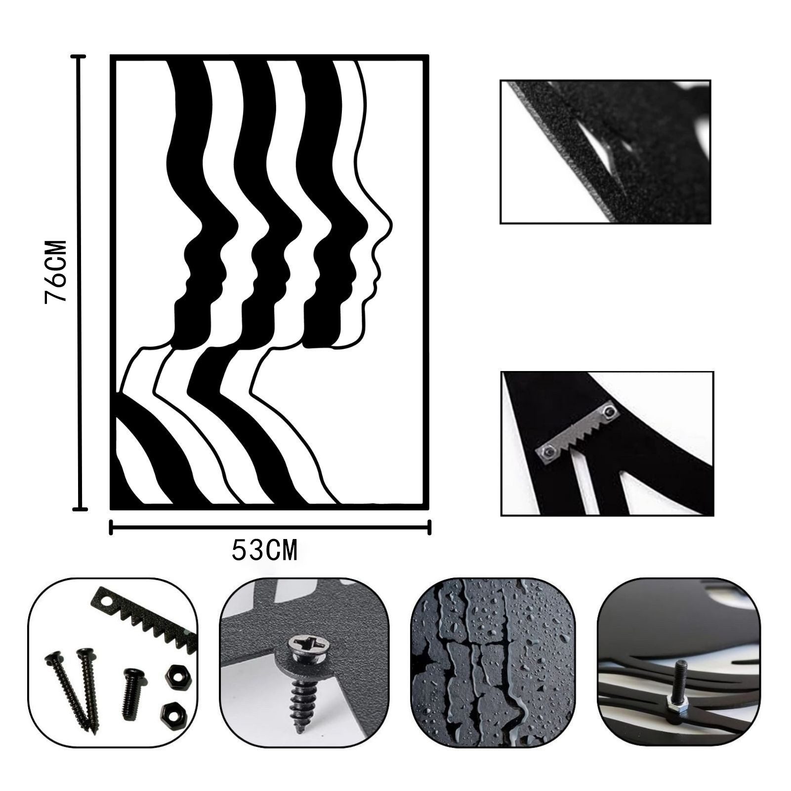 Jumpeak Wanddekoobjekt Menschliches Gesicht Abstrakt Metall Wanddekoration, Moderne Kunst, Hergestellt aus Metall,Schwarz,weiß, 76×53cm