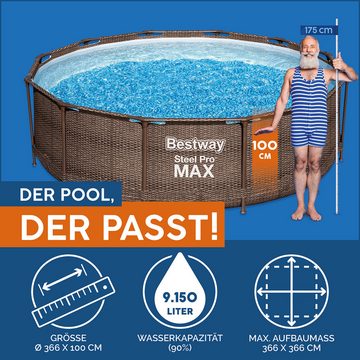 Bestway Framepool Steel Pro MAX™ Solo Pool ohne Zubehör Ø 366 x 100 cm, Rattan-Optik