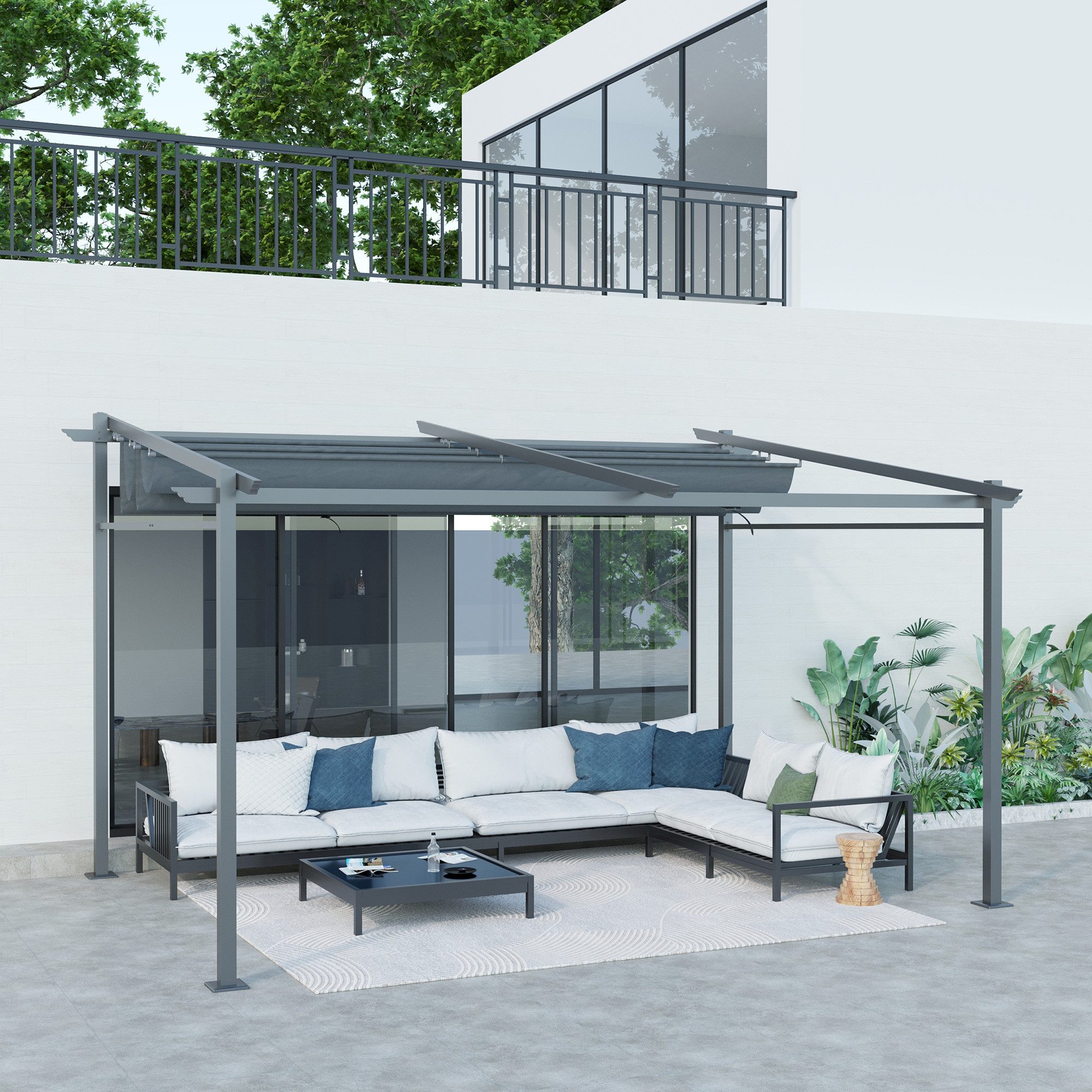 Outsunny Pergola aus Aluminium, Wandmontage, mit Verstellbares Dach, BxTxH: 397x295x230 cm, (Terrassendachung, 1-tlg., Terrassendach), UV Schutz, Sonnenschutz für Terrasse und Garten, Dunkelgrau