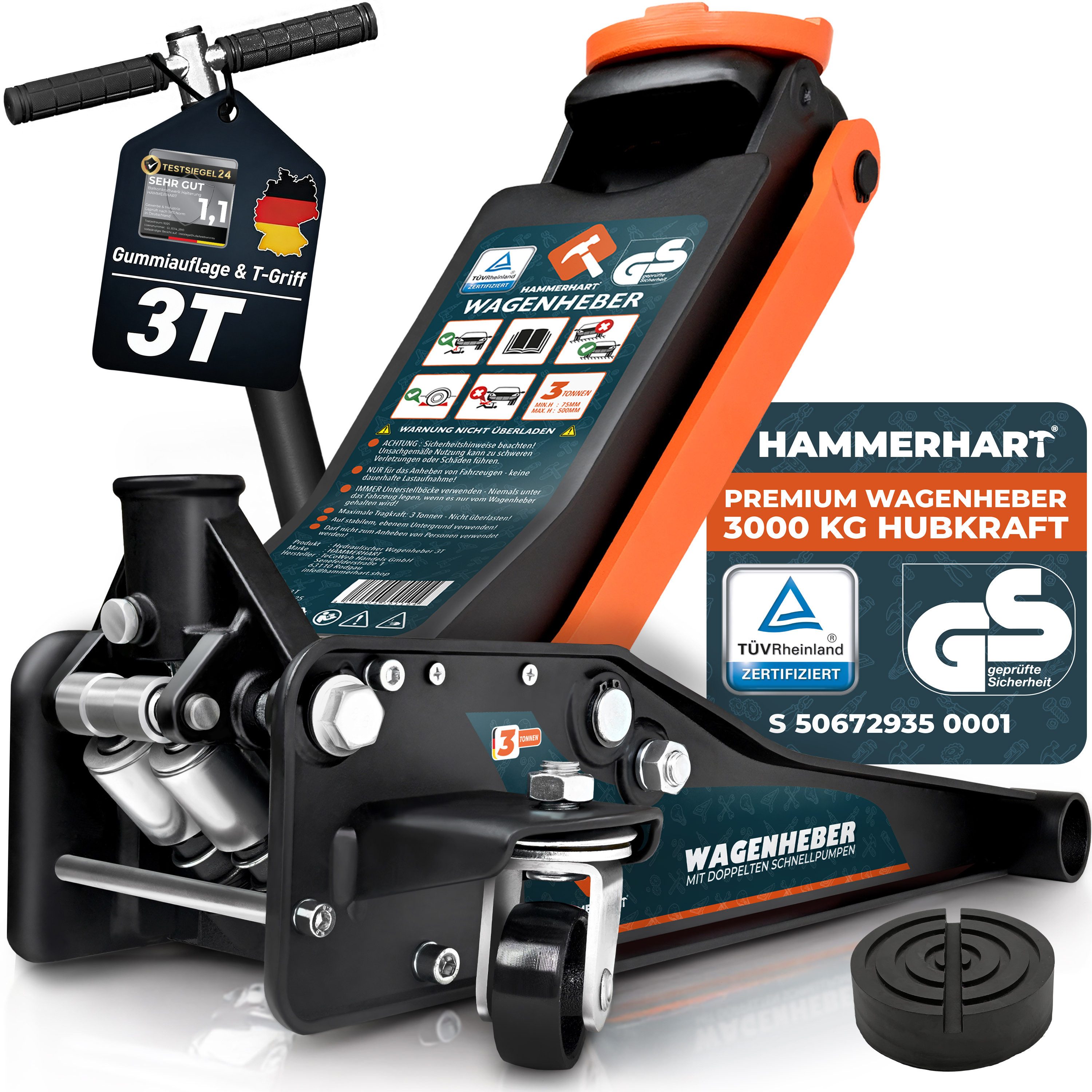 HAMMERHART Wagenheber Hydraulischer Wagenheber 3T, TÜV geprüft, 75–505 mm, max. Hubhöhe: 50,5 cm, Premium Wagenheber für alle PKWs bis 3 Tonnen, Premium Wagenheber 3 Tonnen