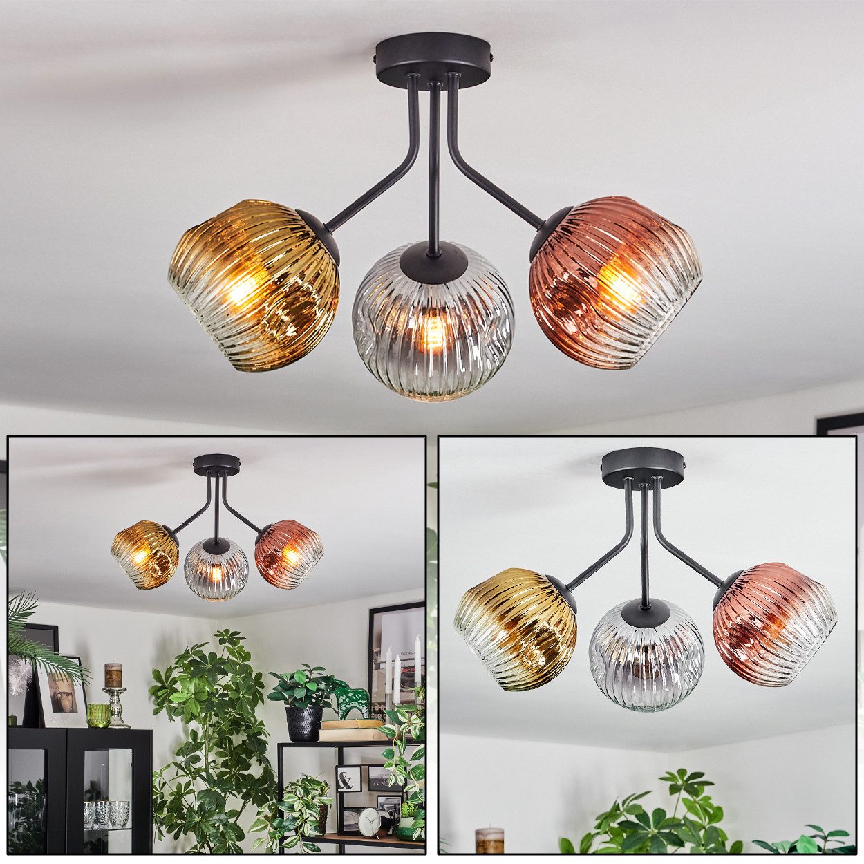 hofstein Deckenleuchte 3-flammige Deckenlampe aus Metall/Riffelglas in Gold/Rauch/Kupfer/Klar, Leuchte im Retro-Design (Schirme Ø 15cm), E14, Esszimmer