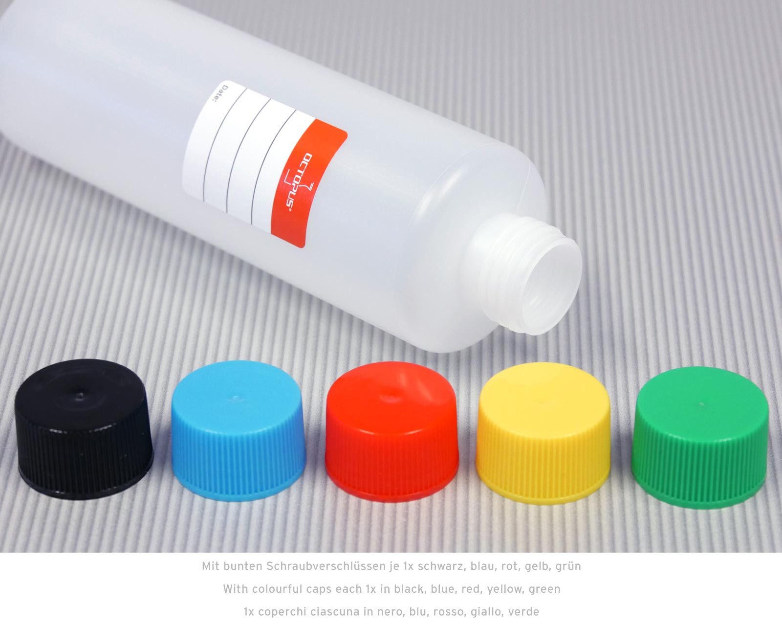 OCTOPUS Kanister 10 Plastikflaschen 250ml, rund mit bunten Deckeln (10 St)